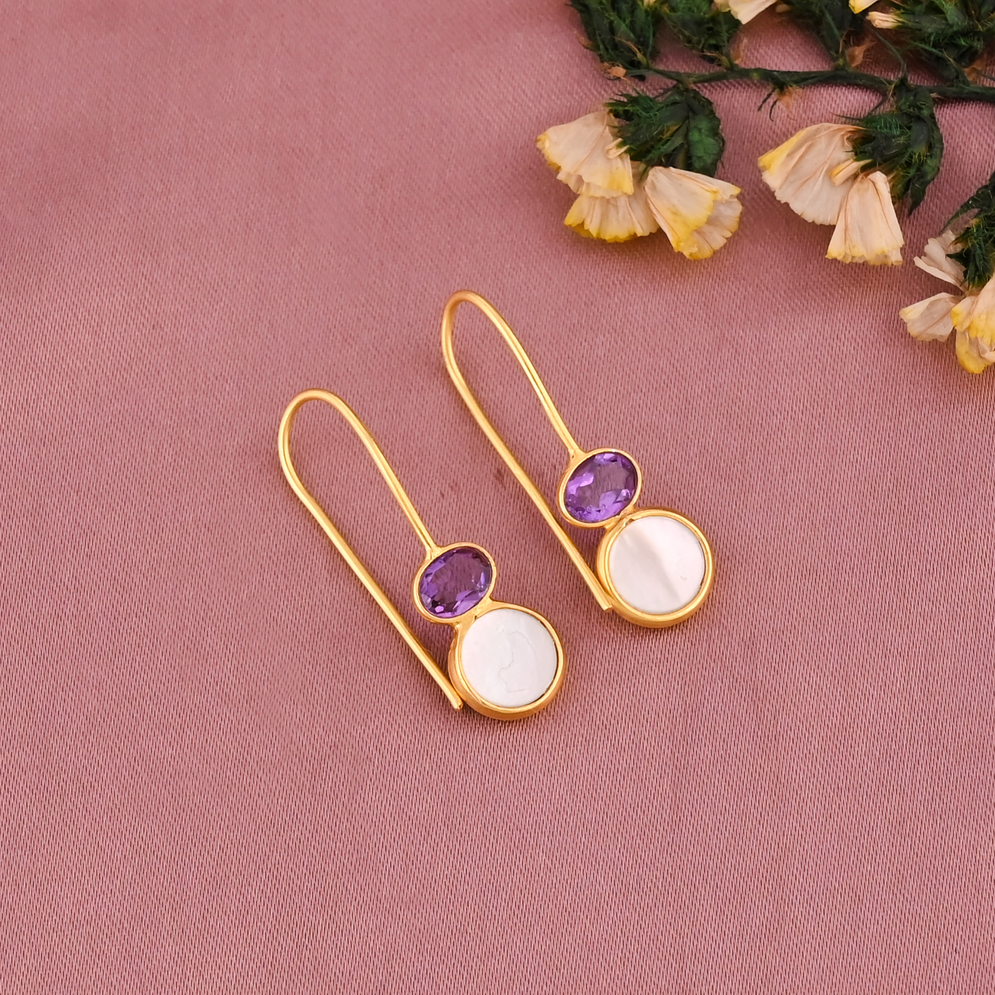 Natural Amethyst Mother of Pearl Drop Earrings Gold Plated Brass