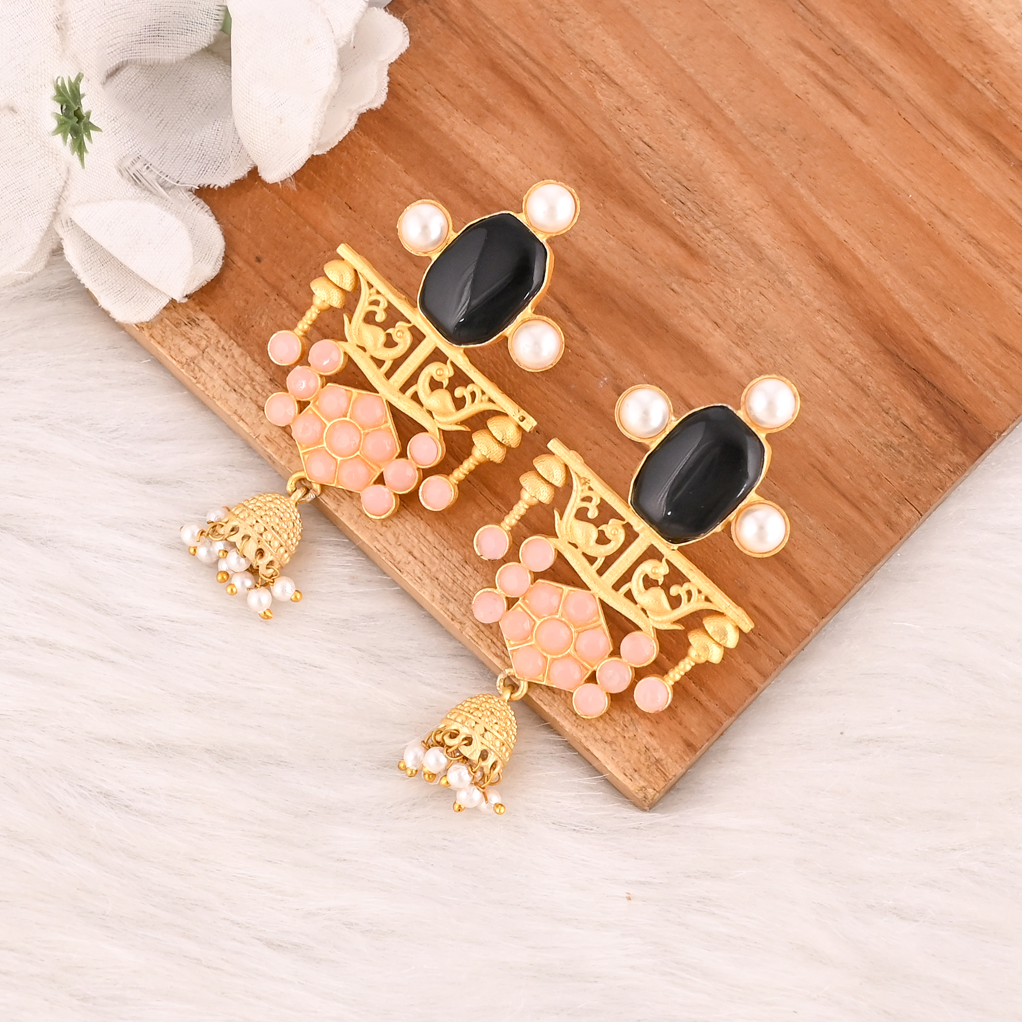 Royal Jharokha Black Onyx Pink Chalcedony Pearl Gold Plated Brass Statement Earrings