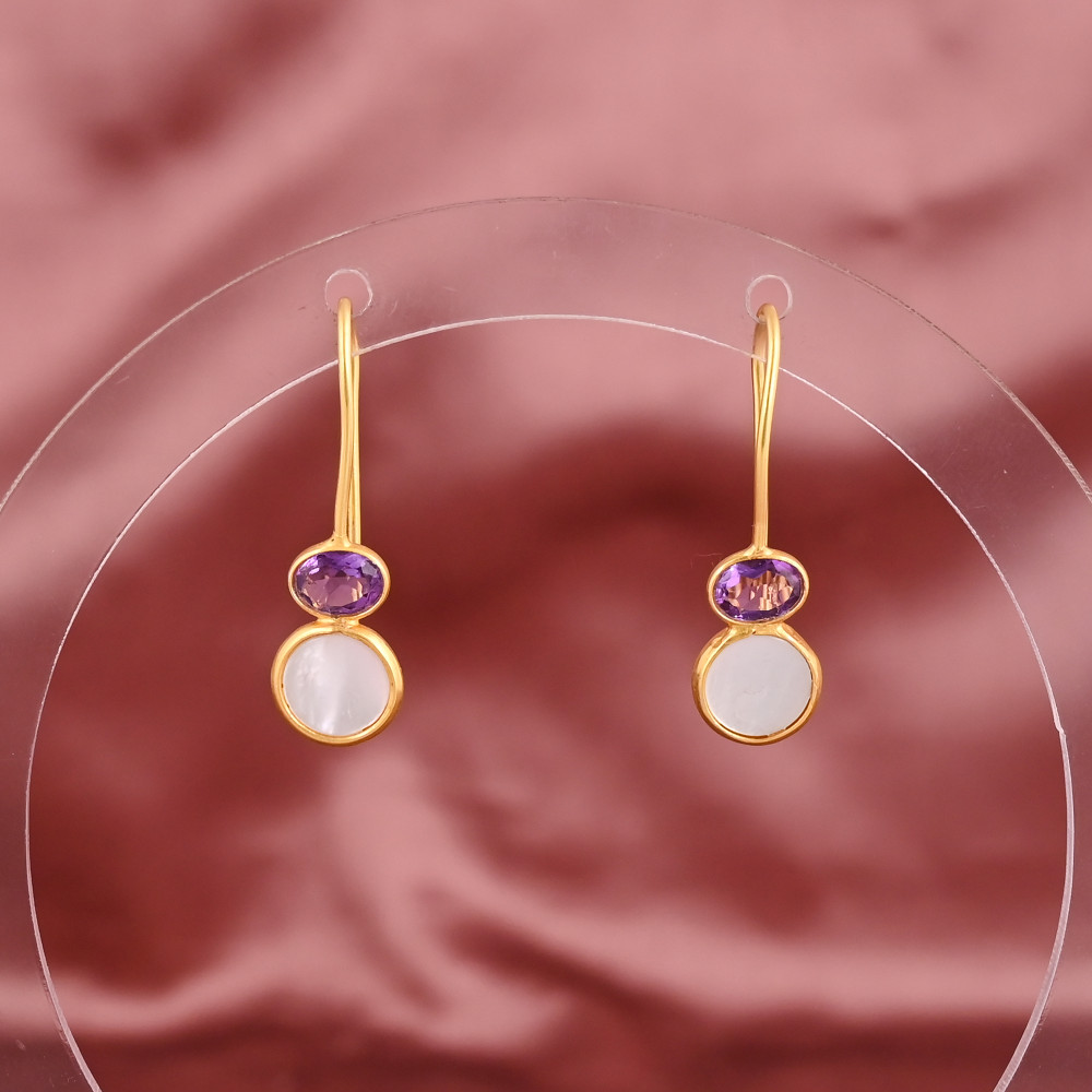 Image of Natural Amethyst &amp; Mother of Pearl Drop Earrings | Gold Plated Brass