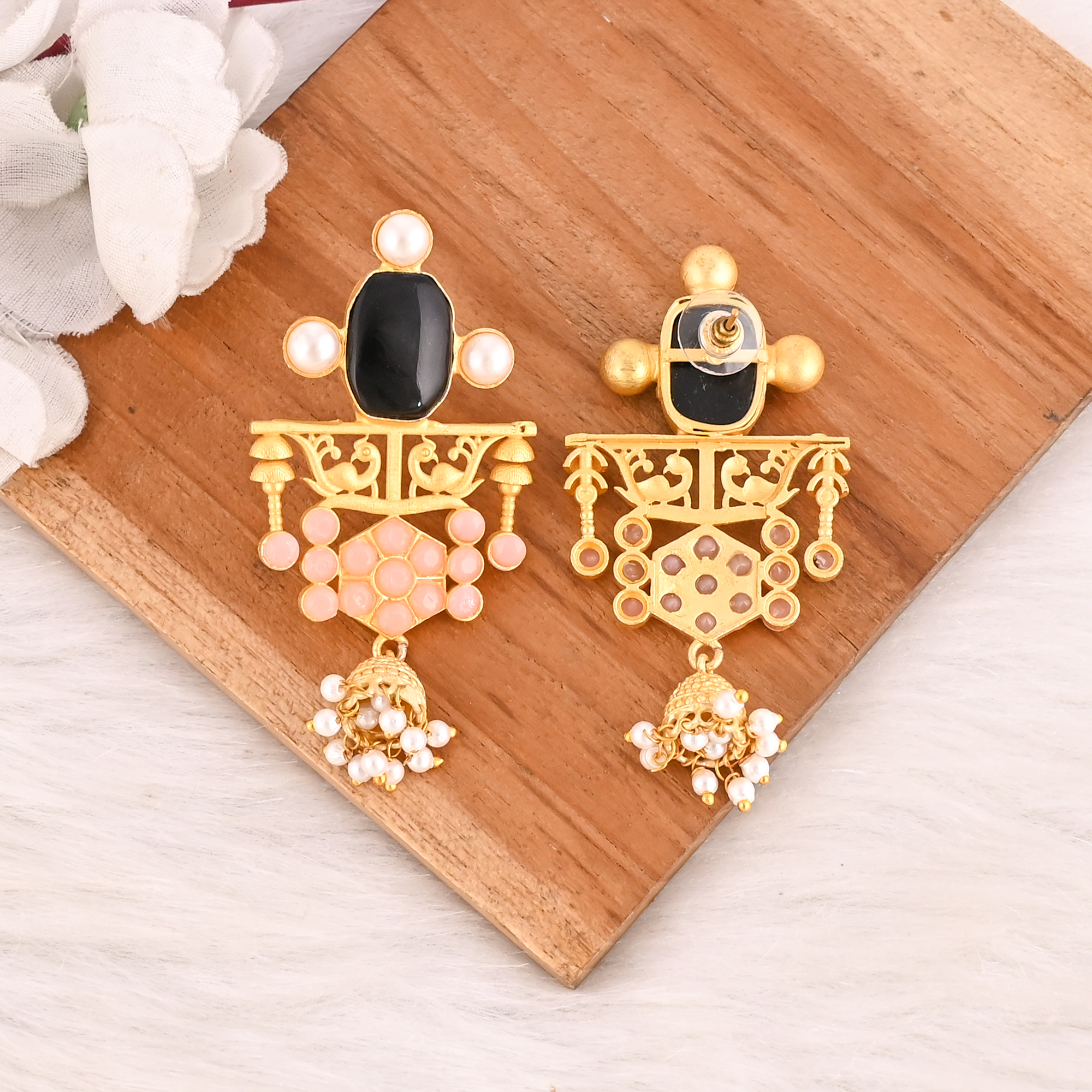 Royal Jharokha Black Onyx Pink Chalcedony Pearl Gold Plated Brass Statement Earrings