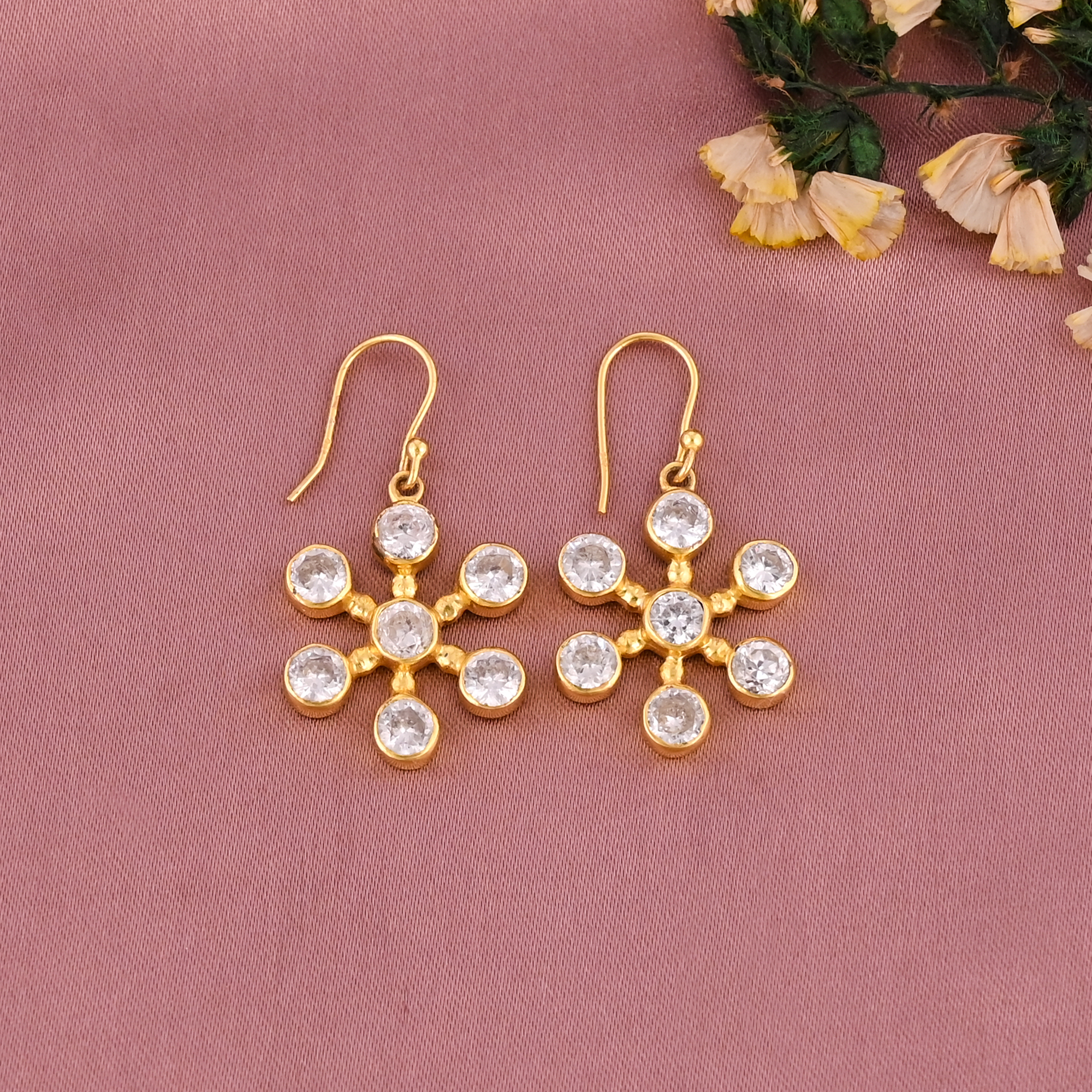 Floral Design Cubic Zirconia Stone Drop Earrings Gold Plated 925 Sterling Silver