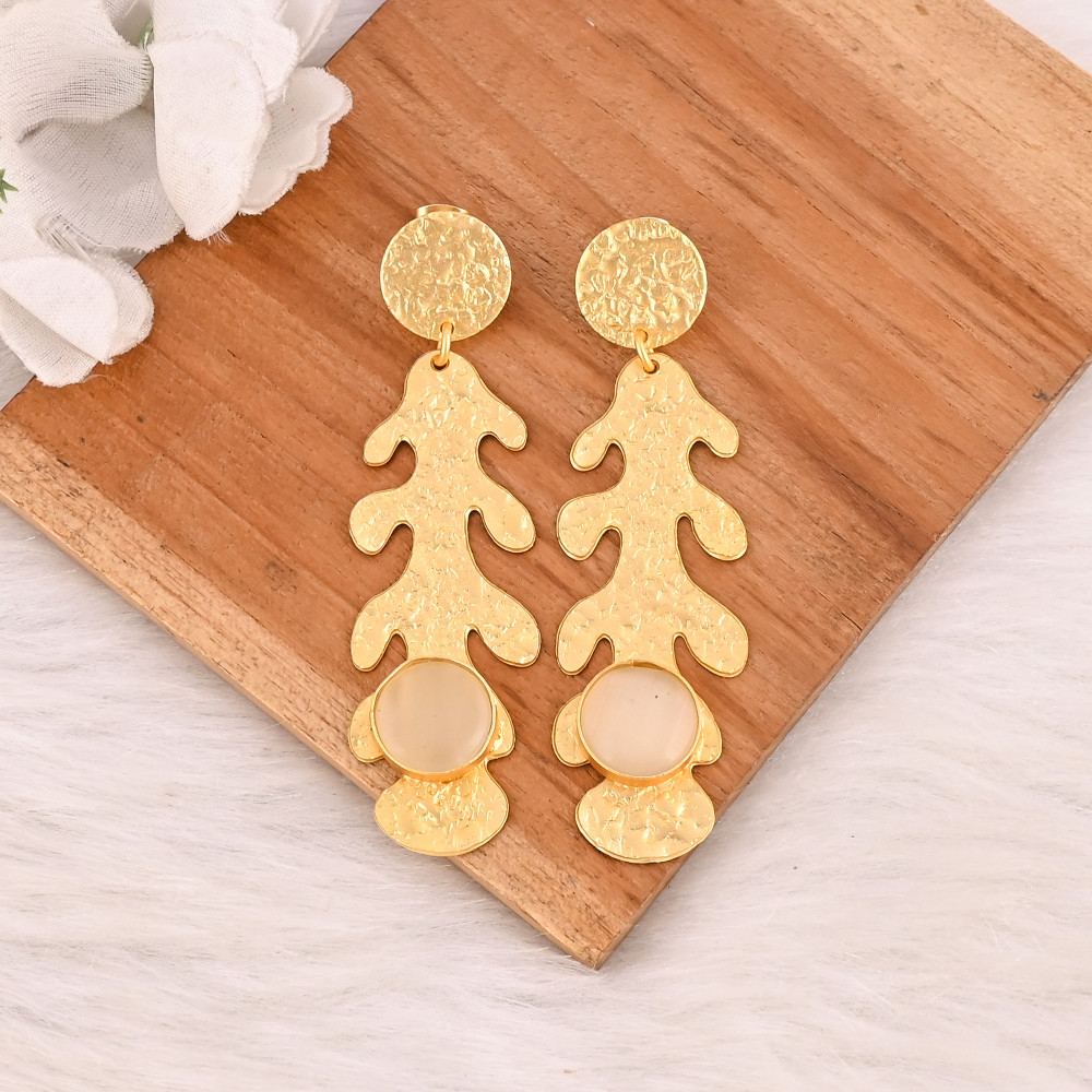 Image of White Cat's Eye Gemstone Brass Earrings Gold Plated Handmade Jewelry for Women Wholesale Lot 10 Pairs