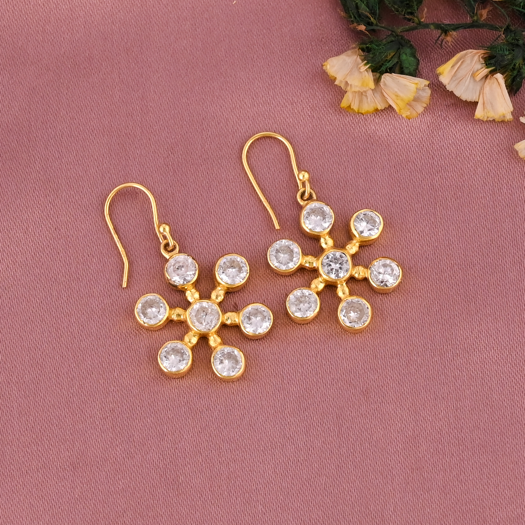 Floral Design Cubic Zirconia Stone Drop Earrings Gold Plated 925 Sterling Silver