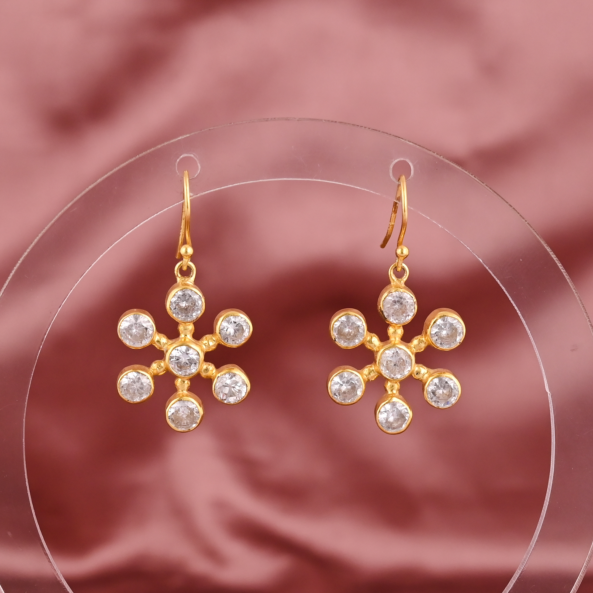 Floral Design Cubic Zirconia Stone Drop Earrings Gold Plated 925 Sterling Silver