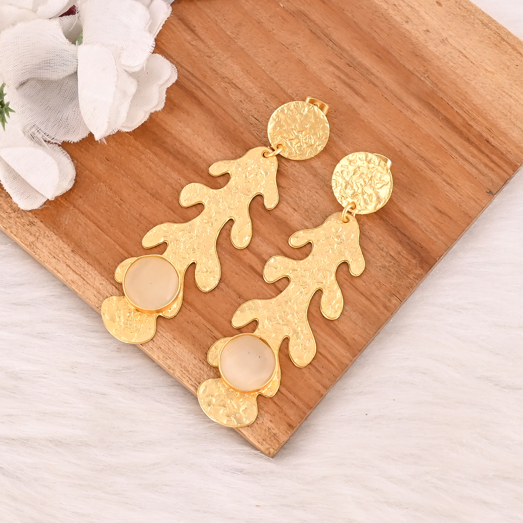 White Cats Eye Gemstone Brass Earrings Gold Plated Handmade Jewelry for Women Wholesale Lot 10 Pairs