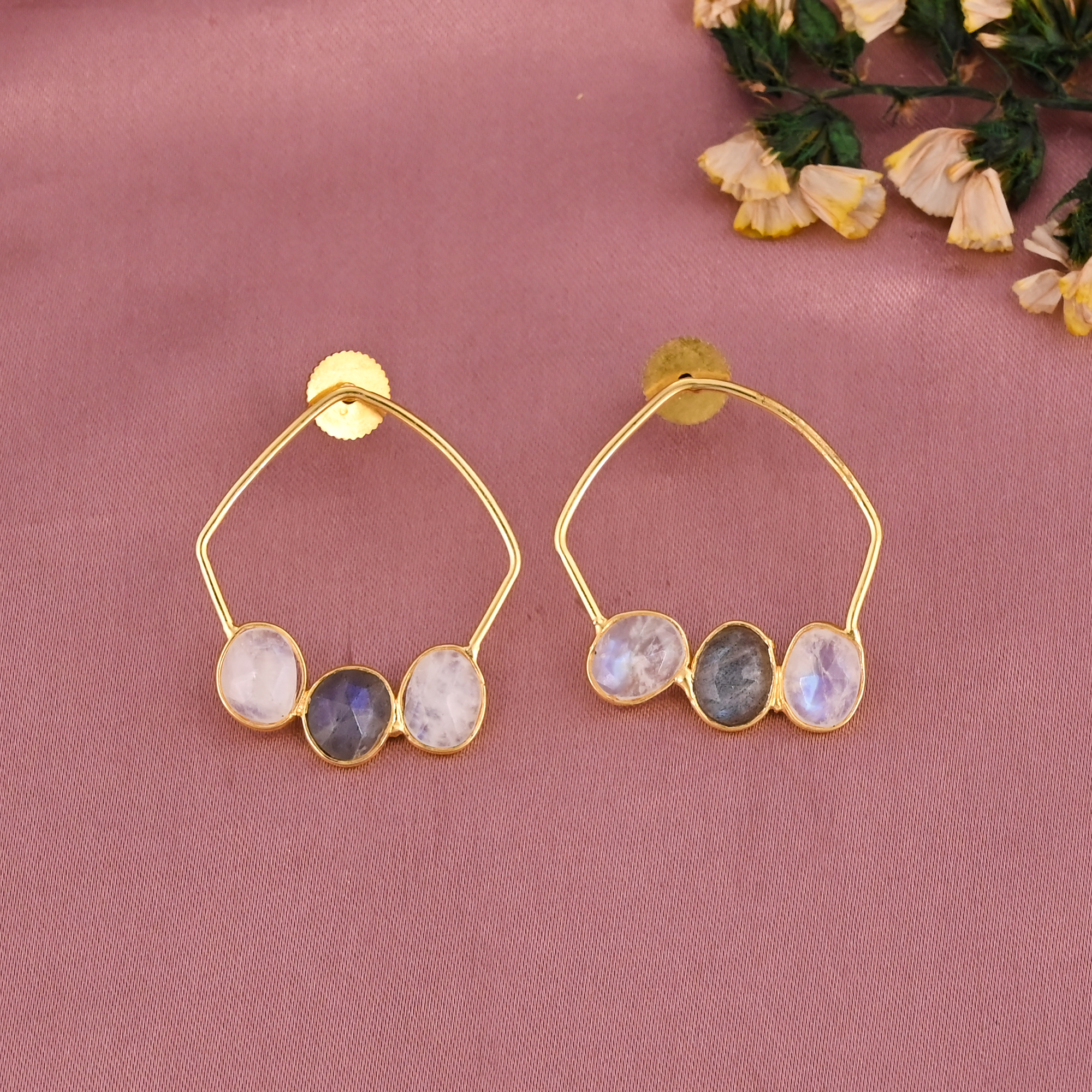 Natural Labradorite Rainbow Moonstone Stylish Earrings Gold Plated Brass