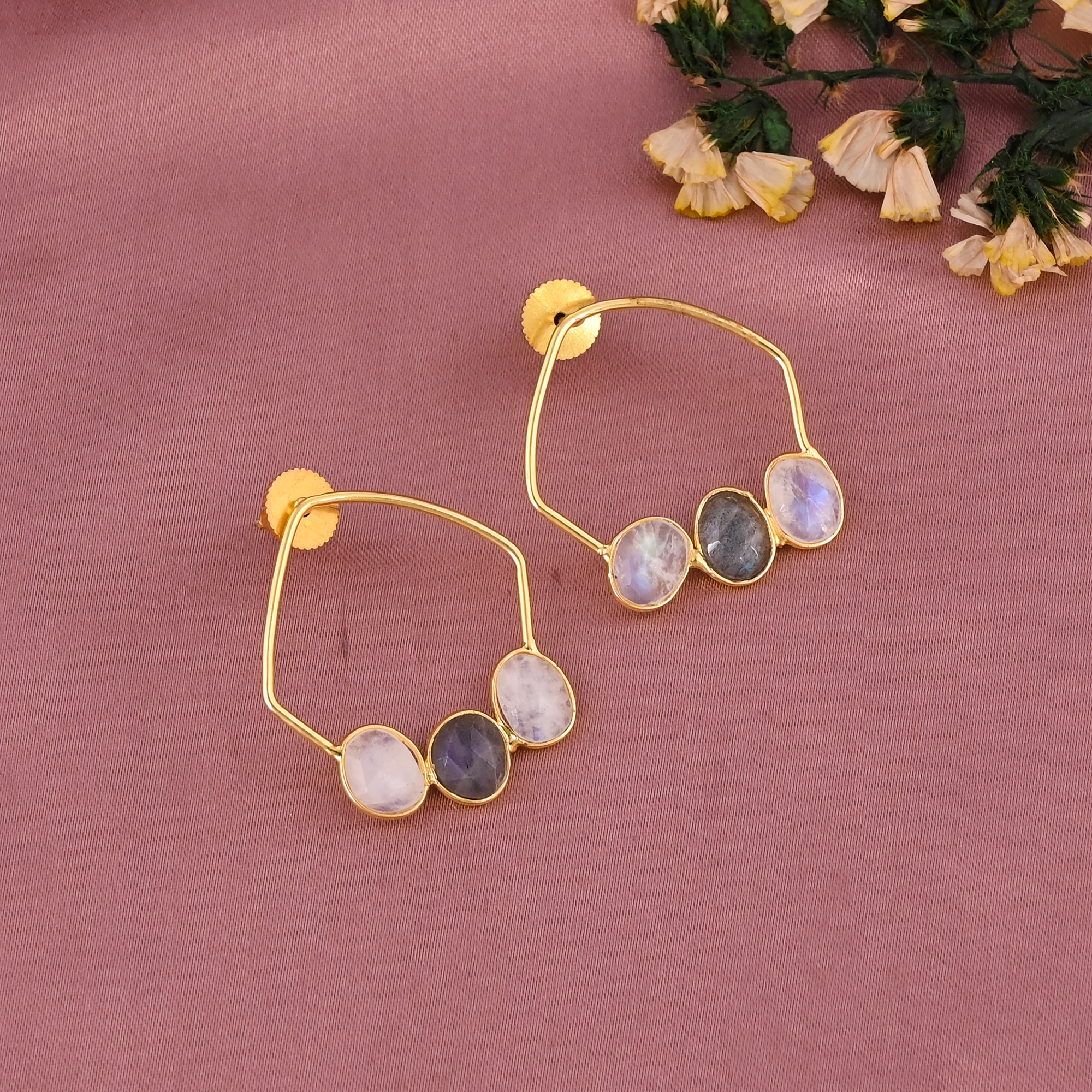Natural Labradorite Rainbow Moonstone Stylish Earrings Gold Plated Brass