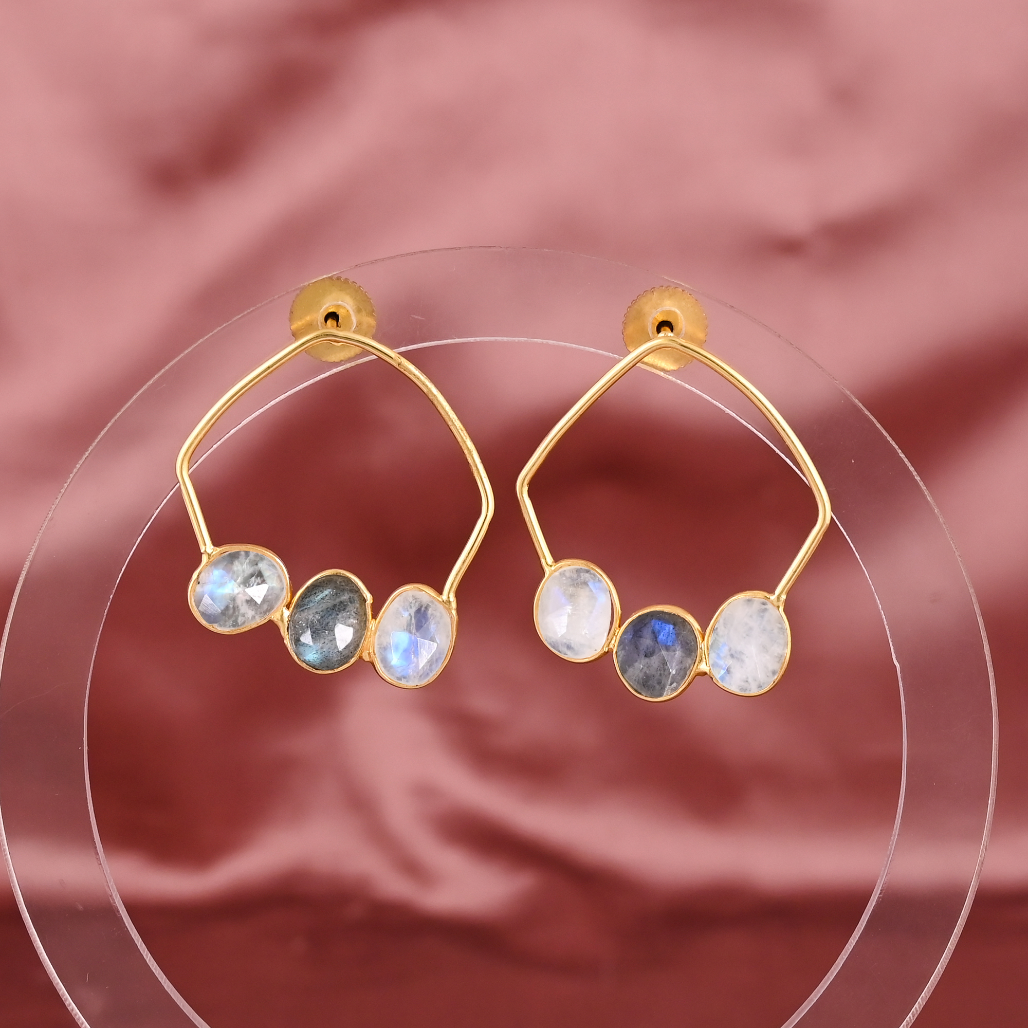 Natural Labradorite  Rainbow Moonstone Stylish Earrings  Gold Plated Brass
