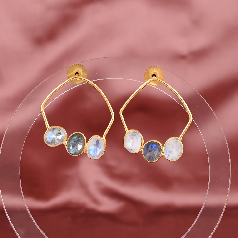 Image of Natural Labradorite &amp; Rainbow Moonstone Stylish Earrings | Gold Plated Brass