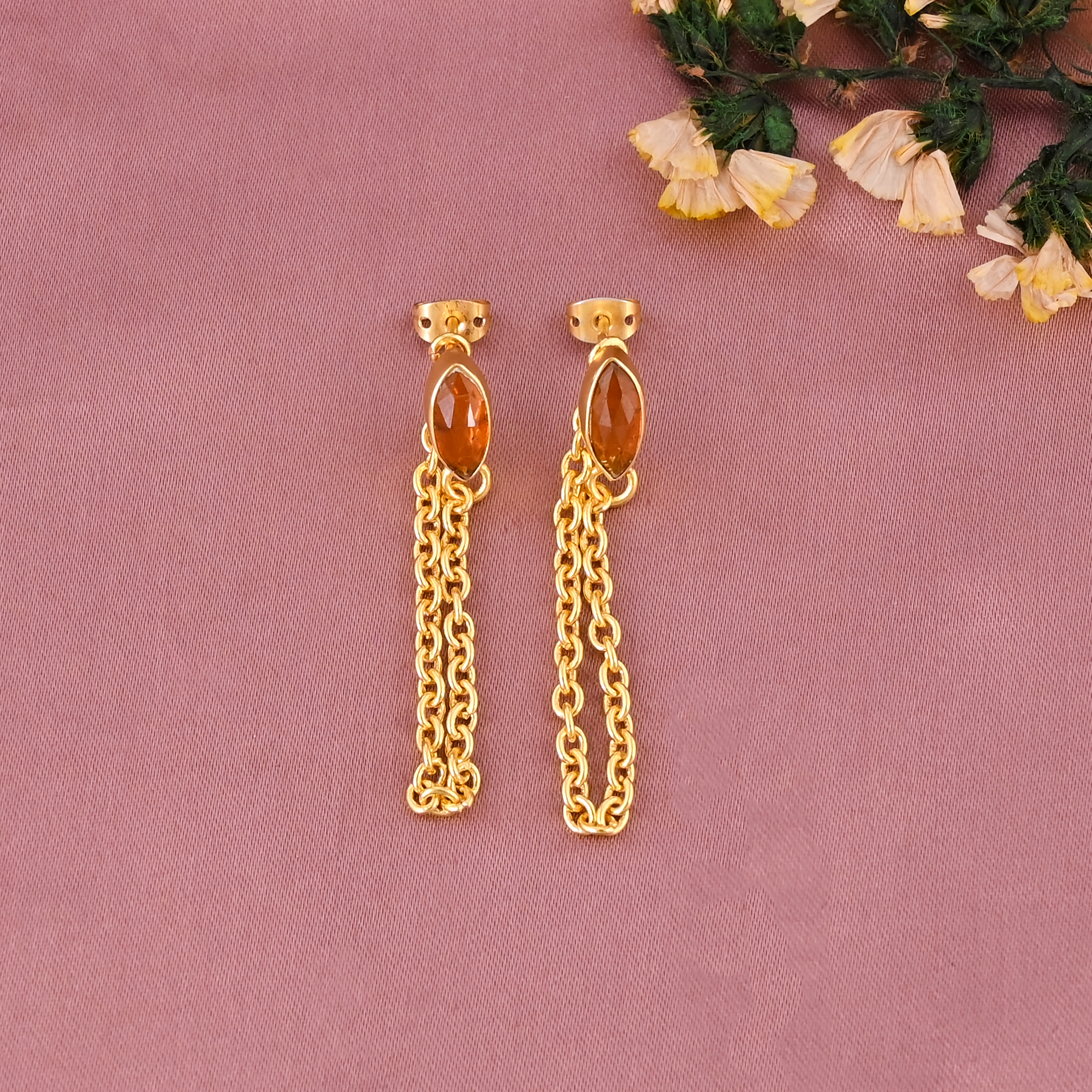 Natural Orange Kyanite Gemstone Chain-Link Drop Earrings Gold Plated Brass