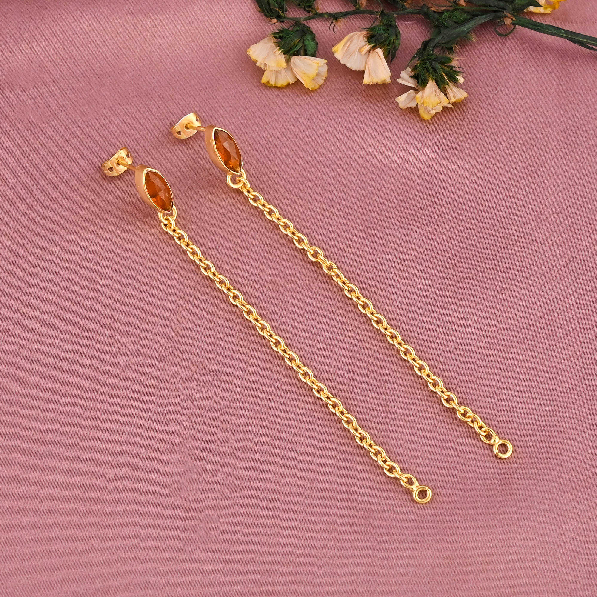 Natural Orange Kyanite Gemstone Chain-Link Drop Earrings  Gold Plated Brass