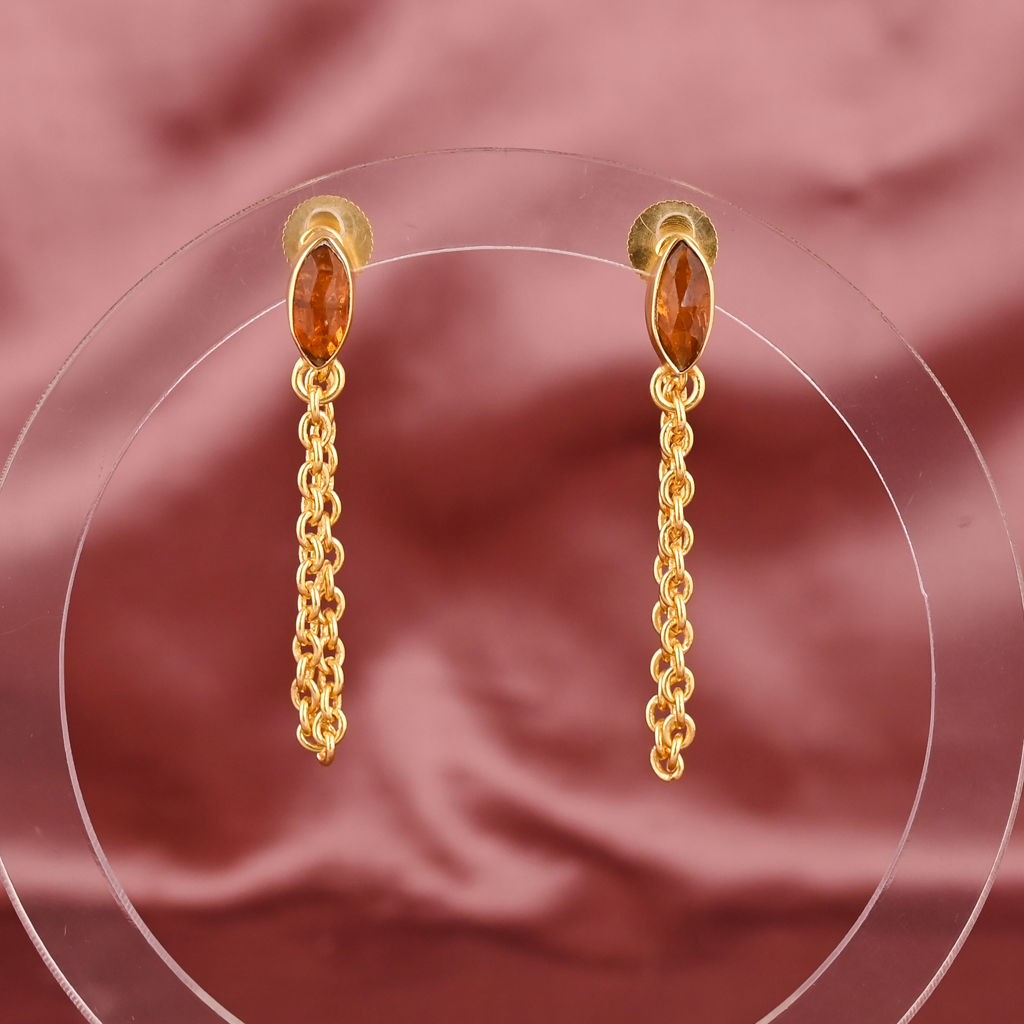 Natural Orange Kyanite Gemstone Chain-Link Drop Earrings  Gold Plated Brass