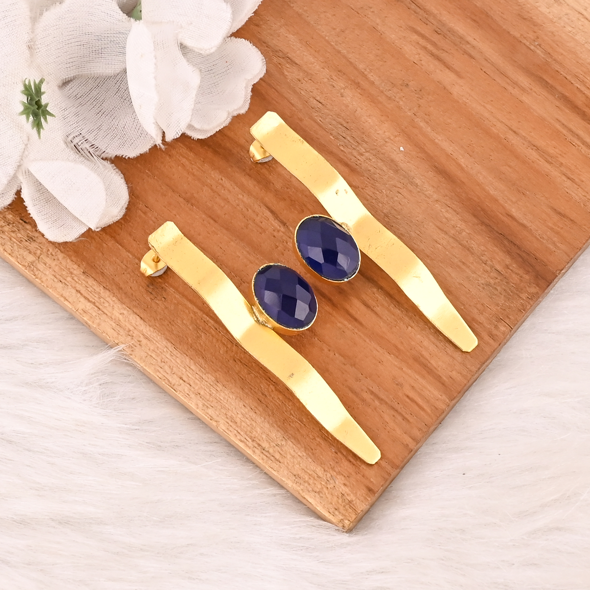 Elegant Gold Plated Ink Blue Hydro Gemstone Brass Earring Handmade Fashion Jewelry for Women Wholesale Lot 10 Pairs