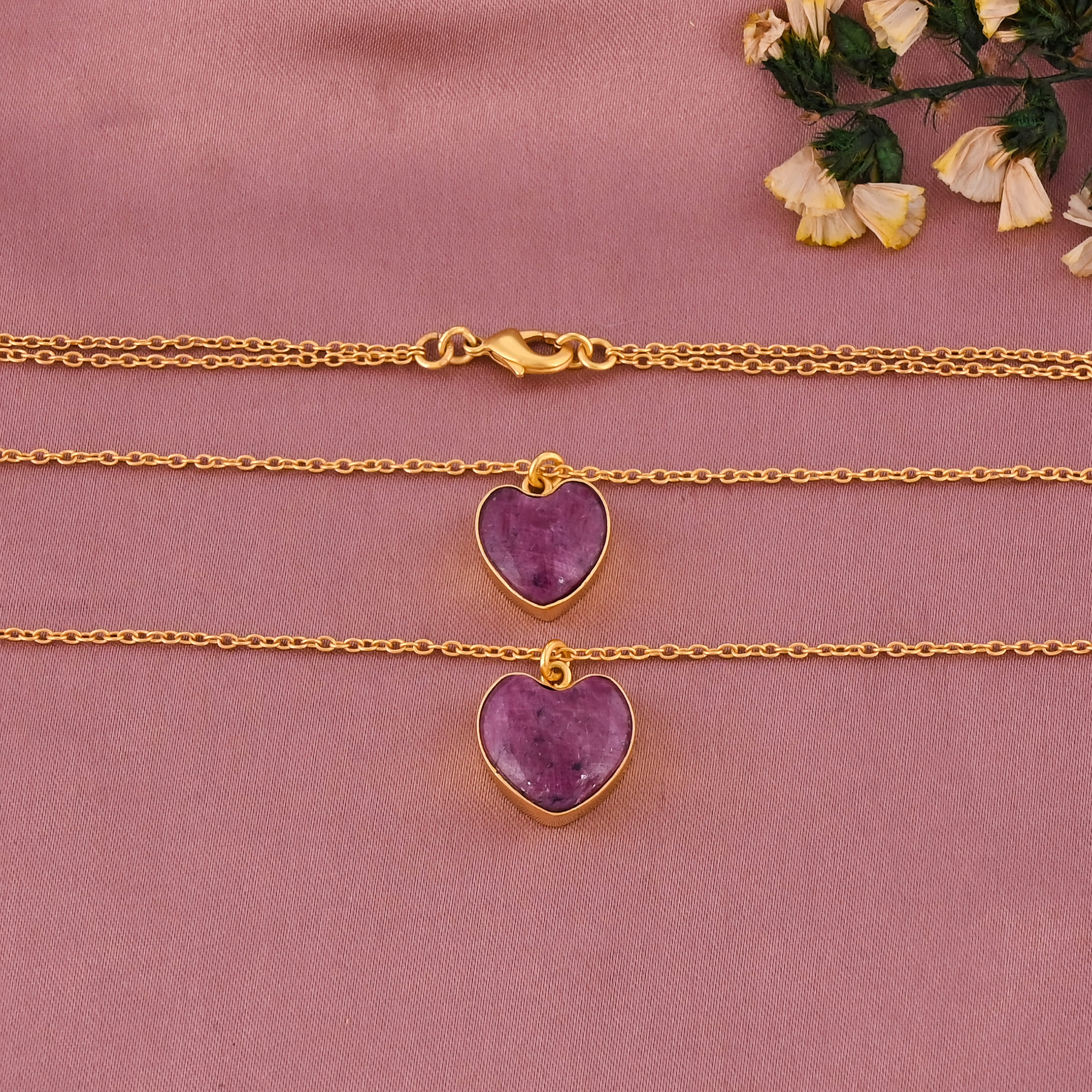 Natural Ruby Gemstone Double Layer Gold Plated Sterling Silver Trendy Heart Shaped Necklace for Women