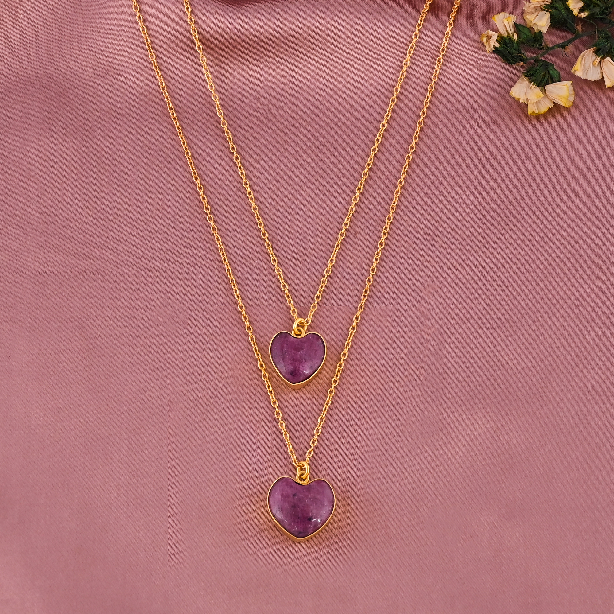 Natural Ruby Gemstone Double Layer Gold Plated Sterling Silver Trendy Heart Shaped Necklace for Women