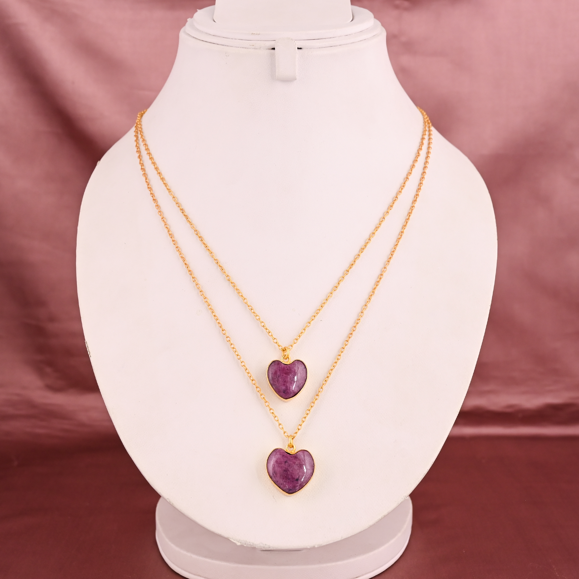 Natural Ruby Gemstone Double Layer Gold Plated Sterling Silver Trendy Heart Shaped Necklace for Women