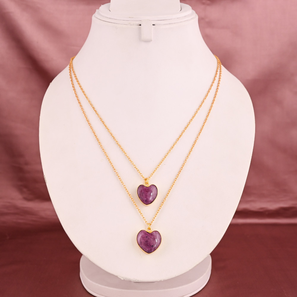 Image of Natural Ruby Gemstone Double Layer Gold Plated Sterling Silver Trendy Heart Shaped Necklace for Women