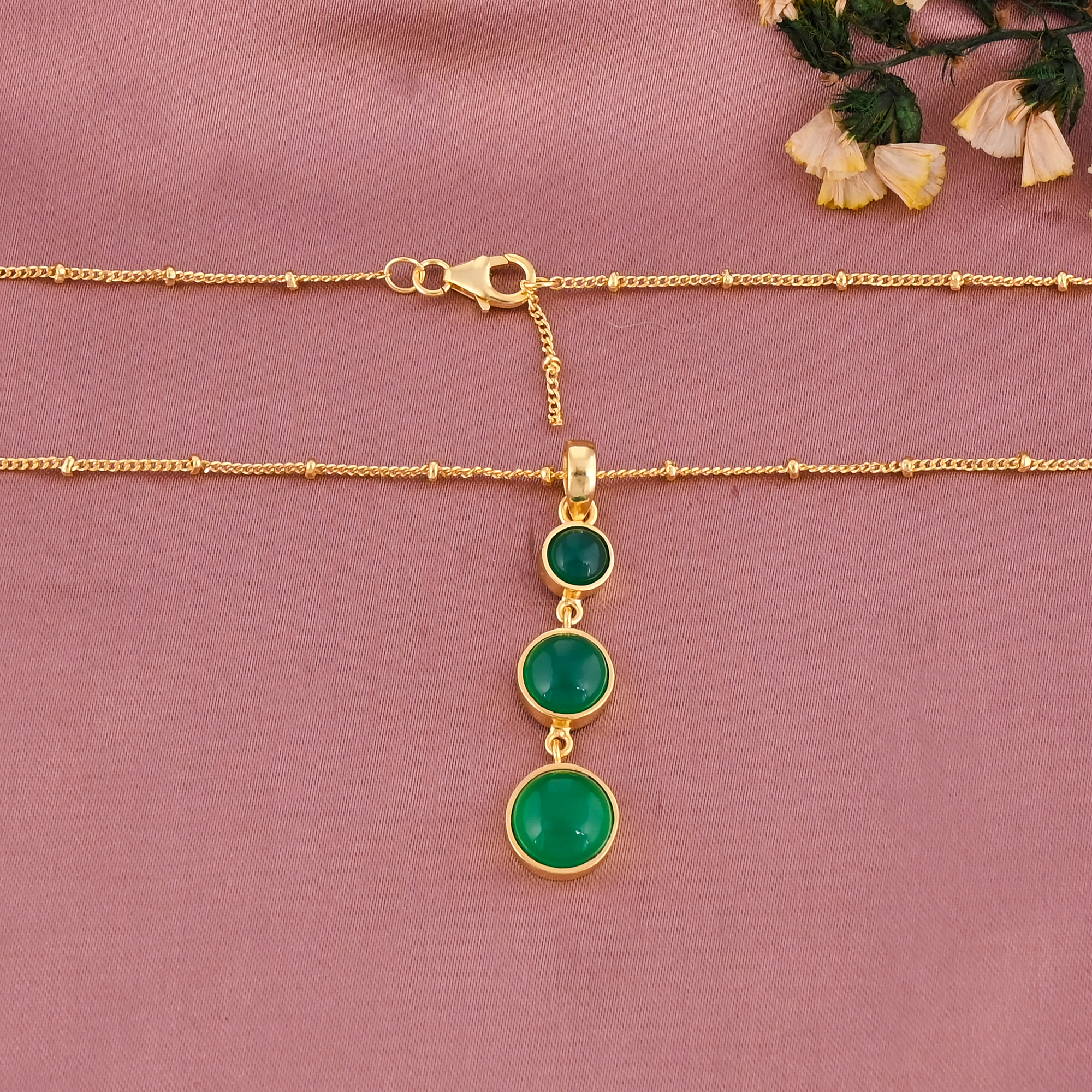 925 Sterling Silver Gold Plated Triple Green Onyx Gemstone Pendant Necklace for Women
