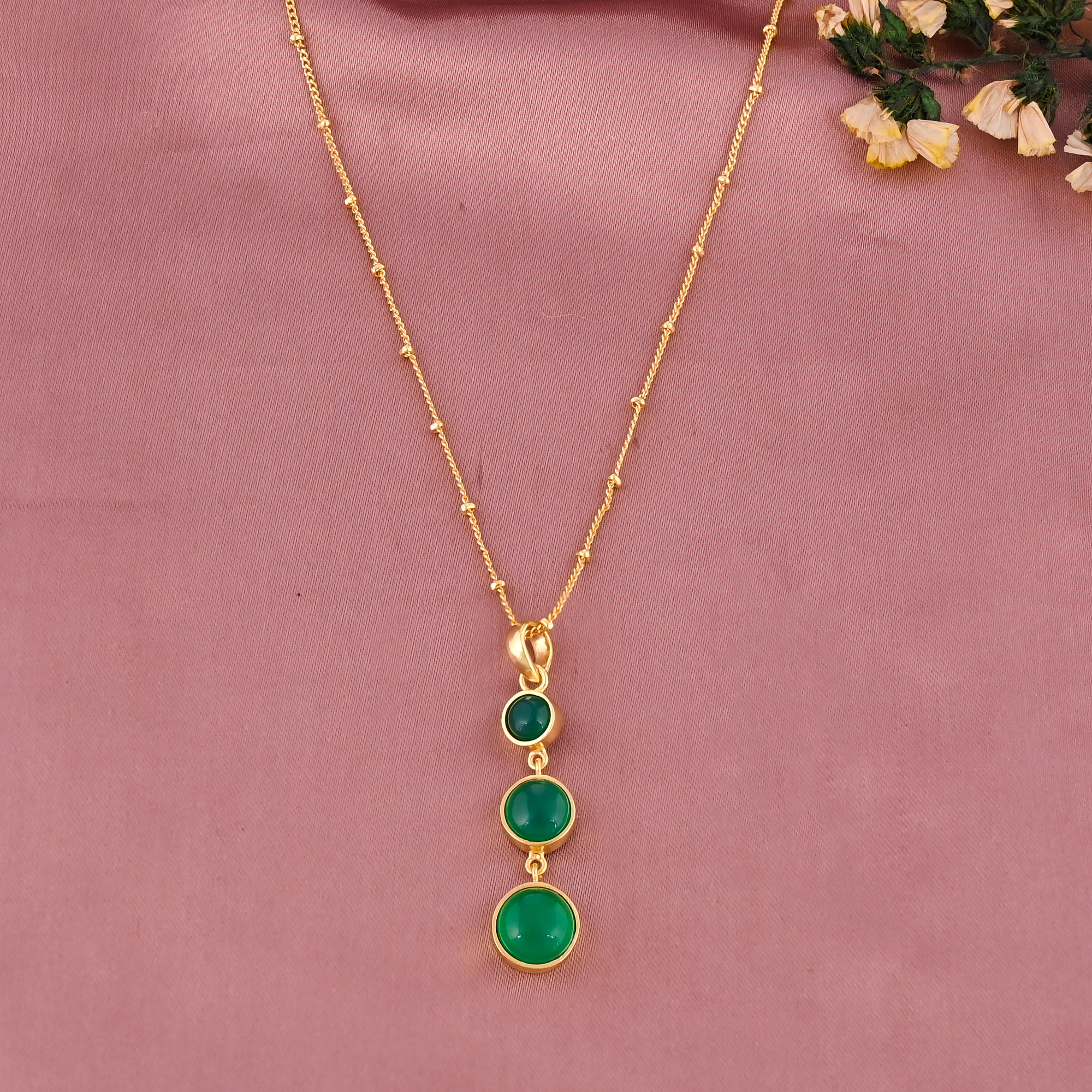 925 Sterling Silver Gold Plated Triple Green Onyx Gemstone Pendant Necklace for Women