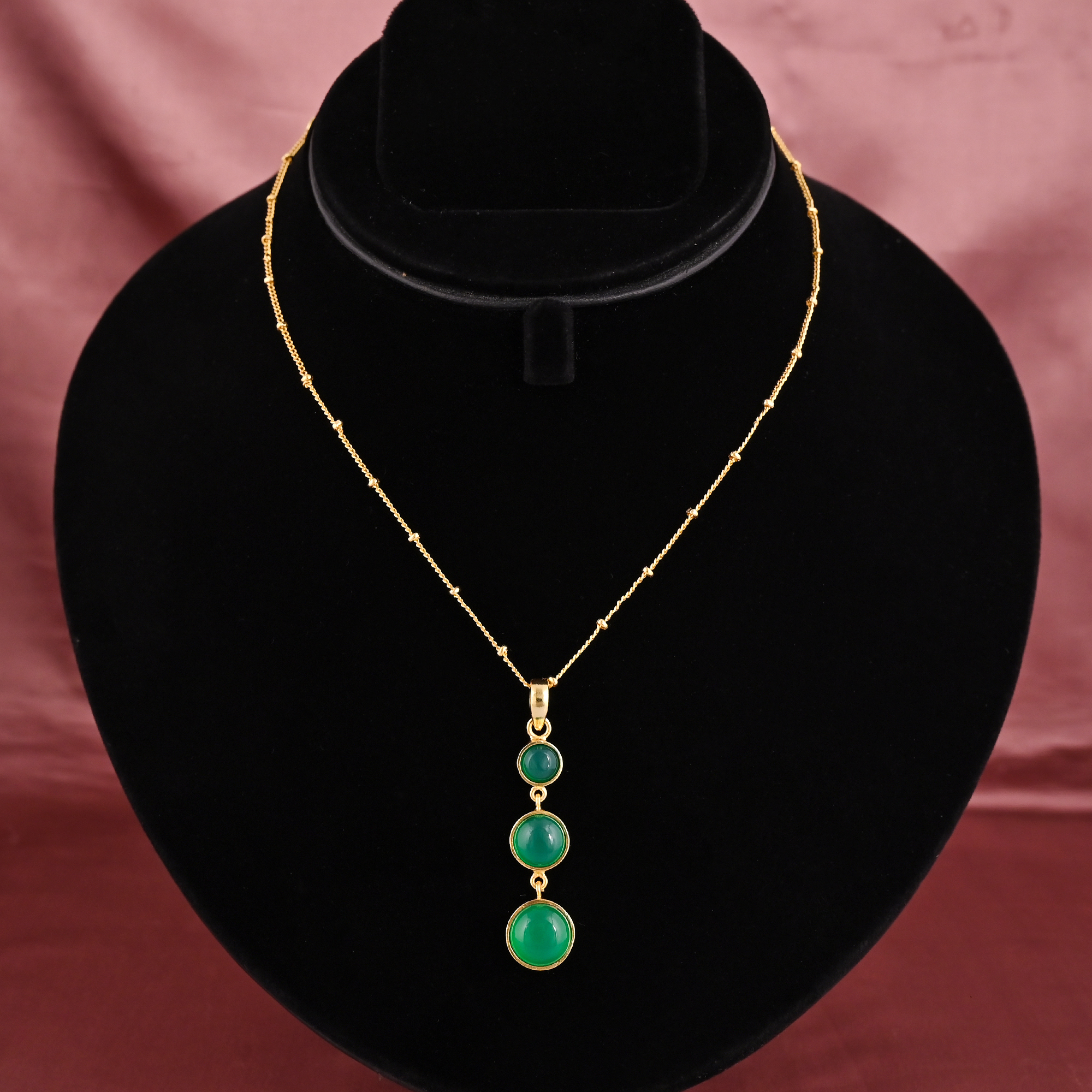 925 Sterling Silver Gold Plated Triple Green Onyx Gemstone Pendant Necklace for Women