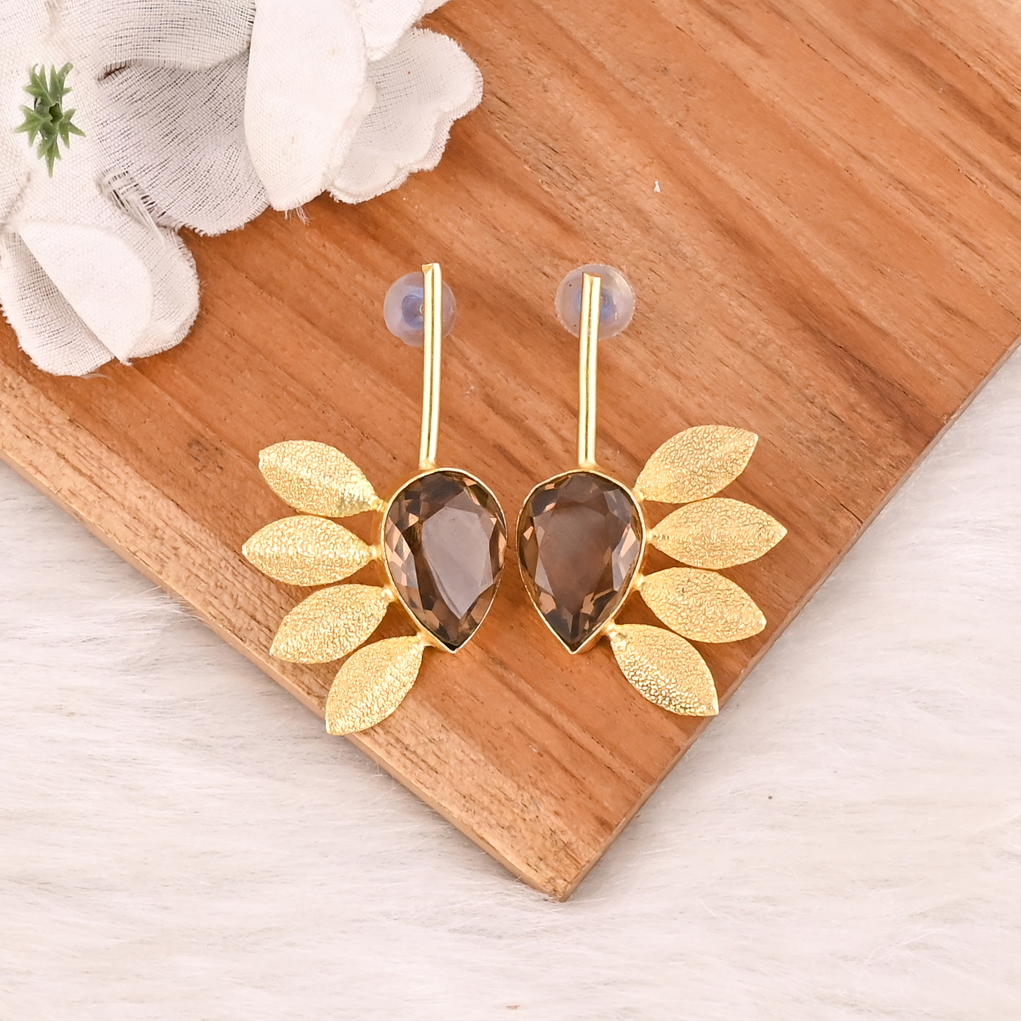Smoky Hydro Gemstone Brass Earrings Gold Plated Handmade Jewelry for Women Wholesale Lot 10 Pairs