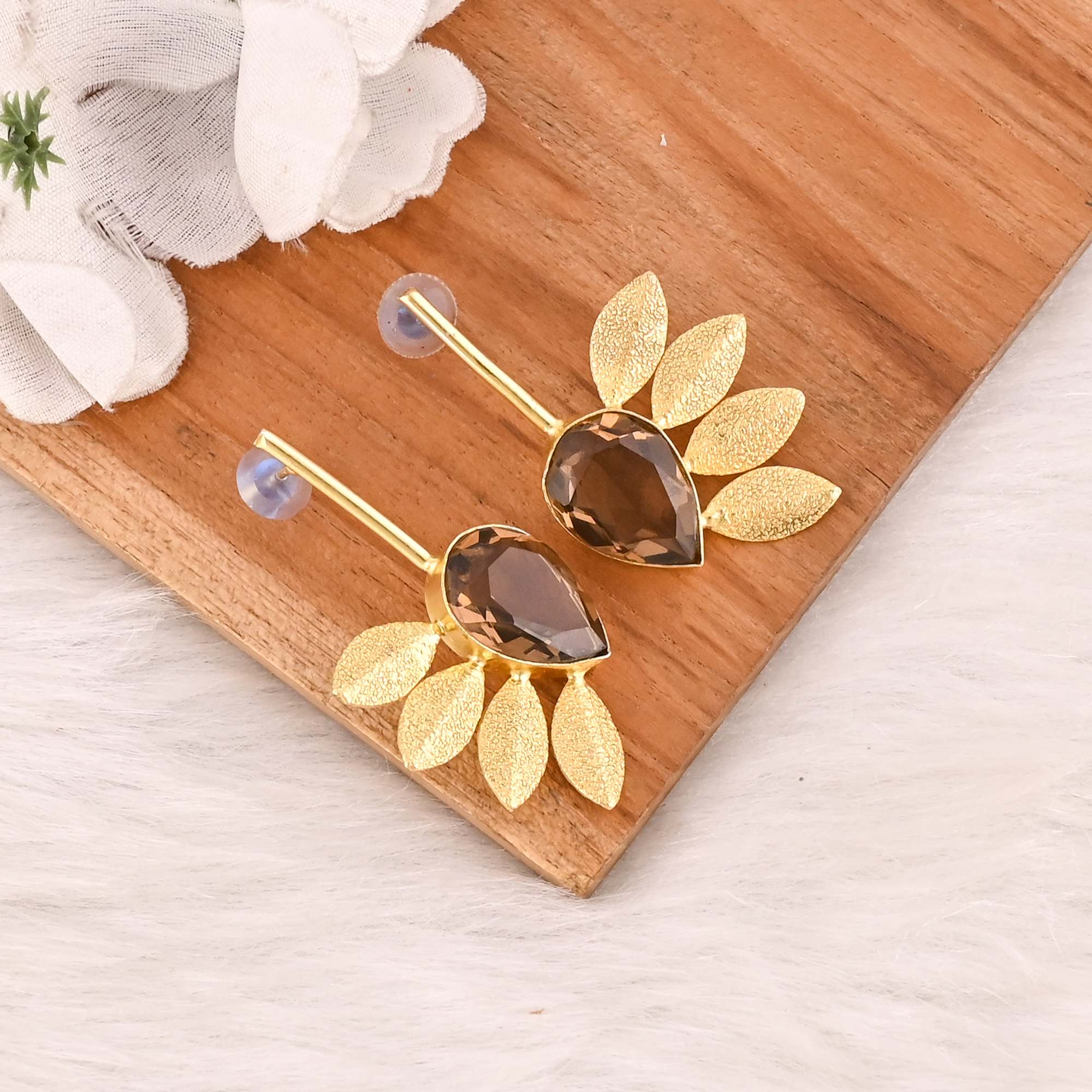 Smoky Hydro Gemstone Brass Earrings Gold Plated Handmade Jewelry for Women Wholesale Lot 10 Pairs