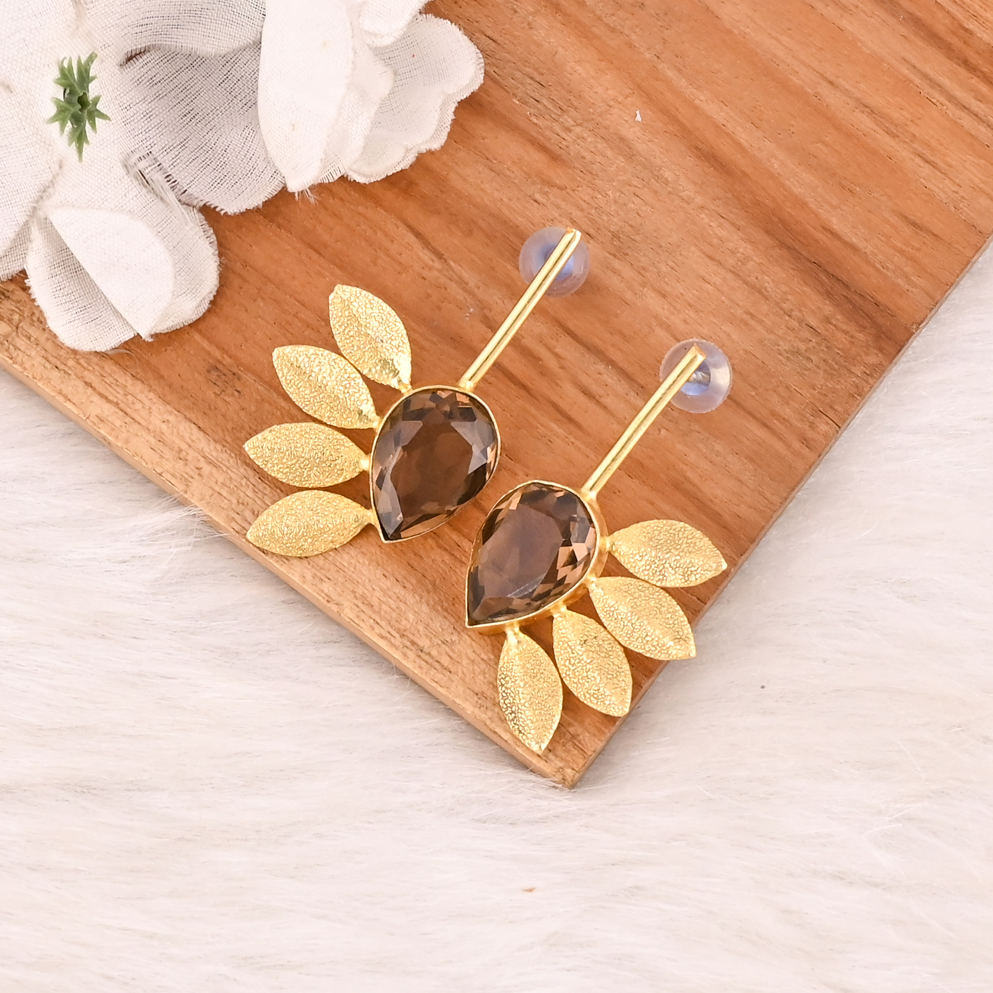 Smoky Hydro Gemstone Brass Earrings Gold Plated Handmade Jewelry for Women Wholesale Lot 10 Pairs