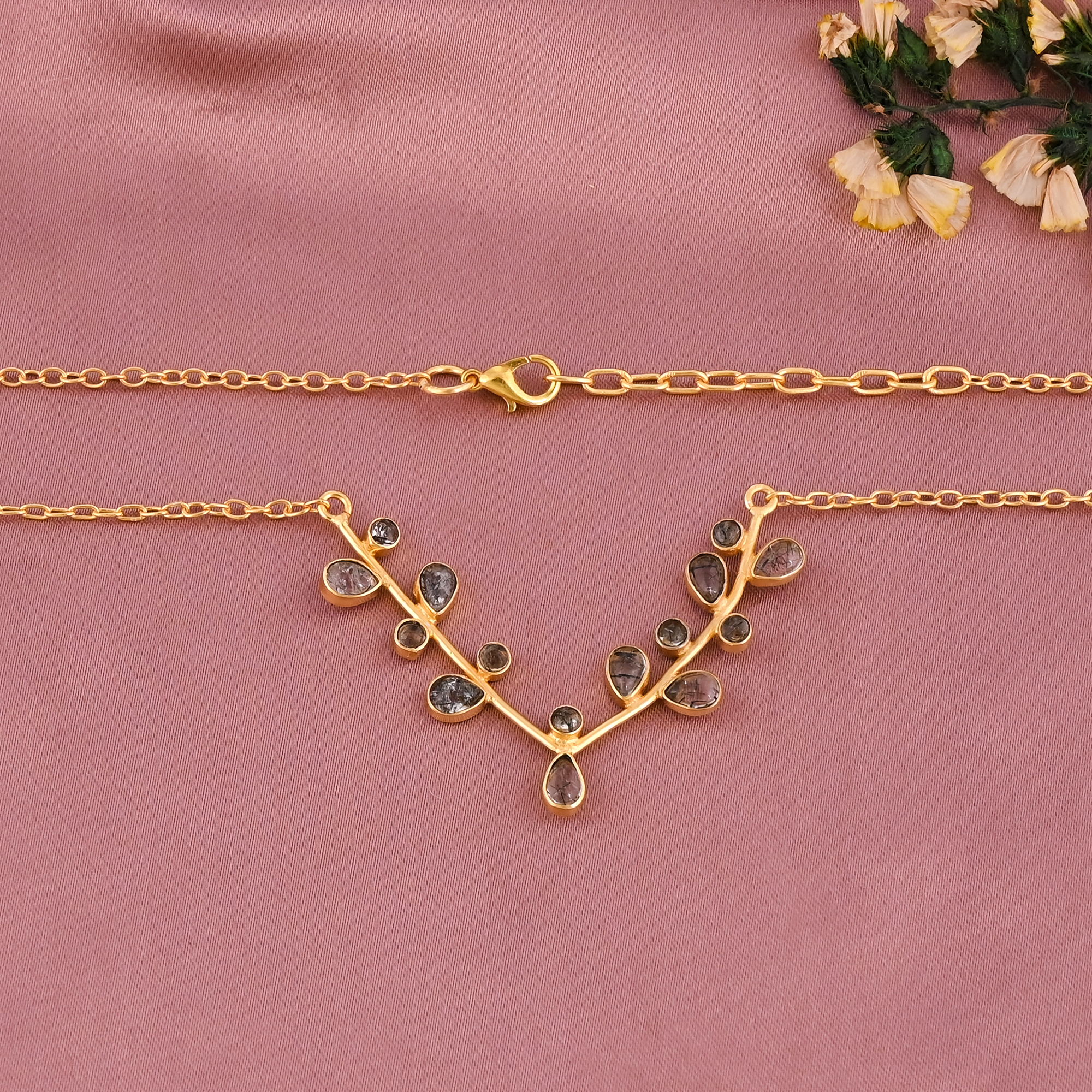 Natural Black Rutile Gemstone Minimalist Stylish Necklace  Gold Plated Brass