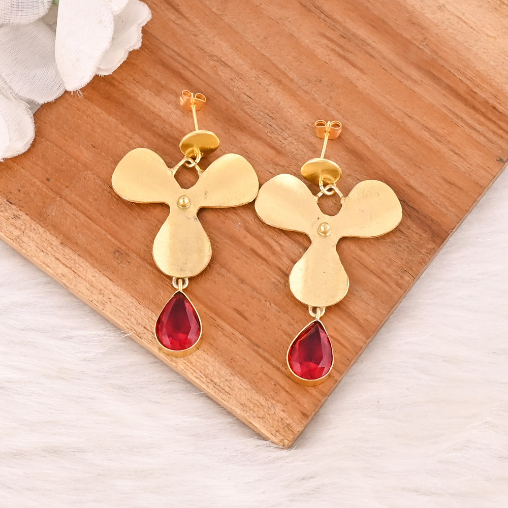 Image of Gold Plated Flower Drop Earrings With Red Hydro Gemstone Style Fashion Jewelry for Women Wholesale Lot 10 Pairs