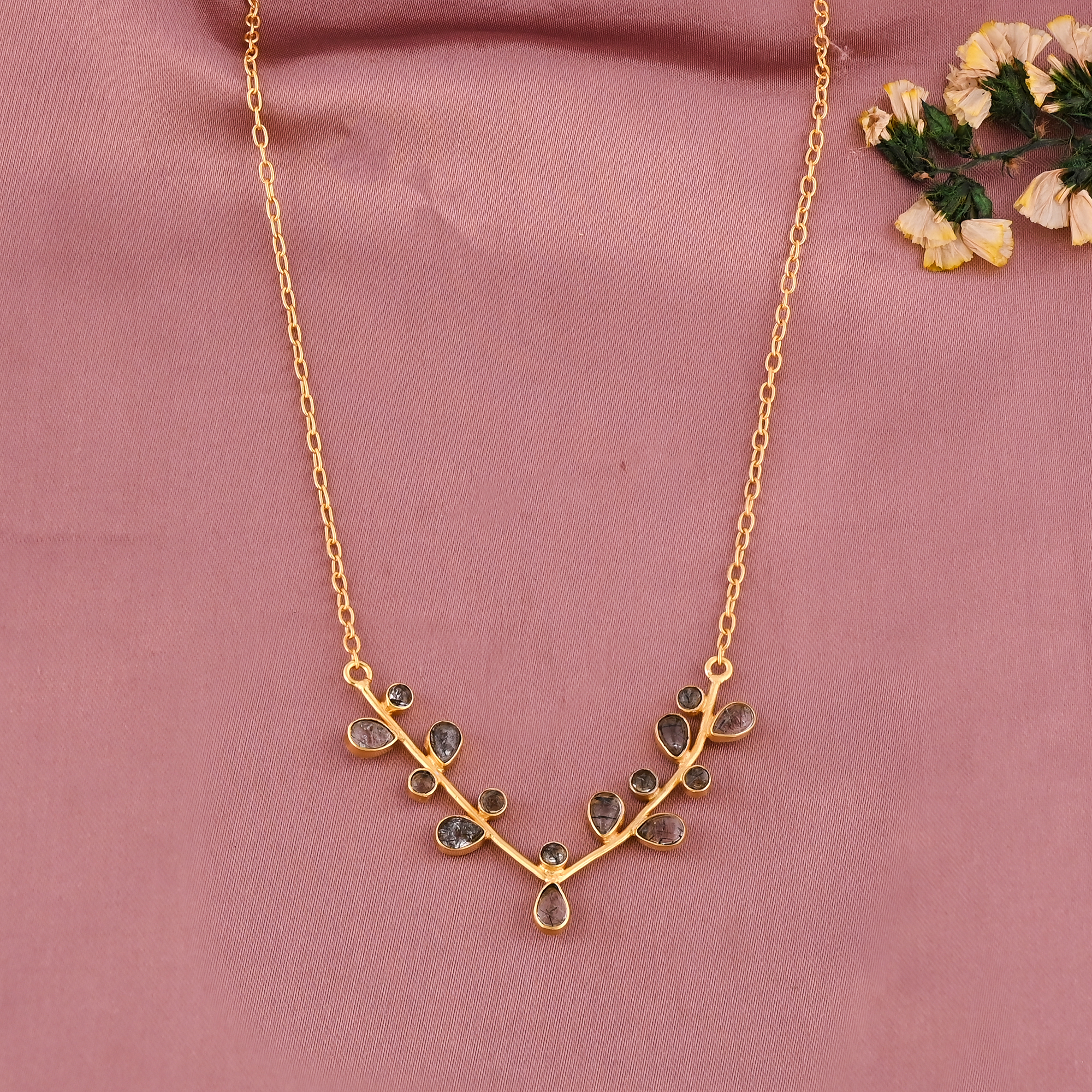 Natural Black Rutile Gemstone Minimalist Stylish Necklace  Gold Plated Brass