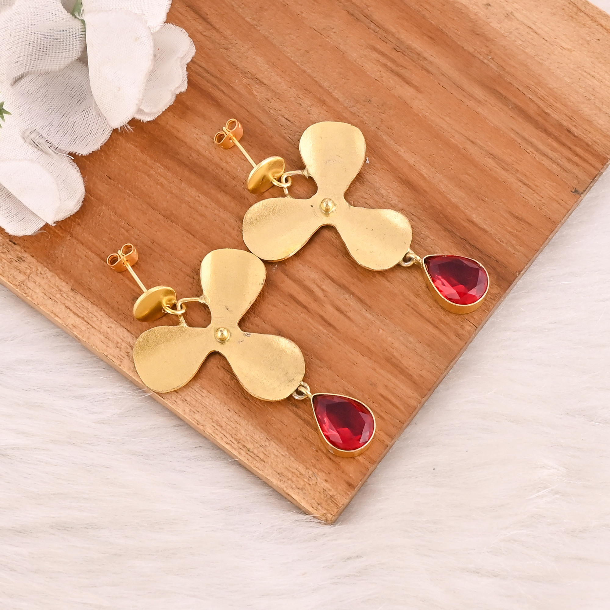 Gold Plated Flower Drop Earrings With Red Hydro Gemstone Style Fashion Jewelry for Women Wholesale Lot 10 Pairs