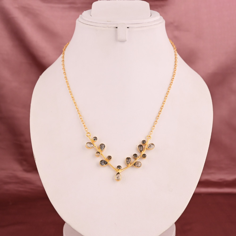 Image of Natural Black Rutile Gemstone Minimalist Stylish Necklace | Gold Plated Brass