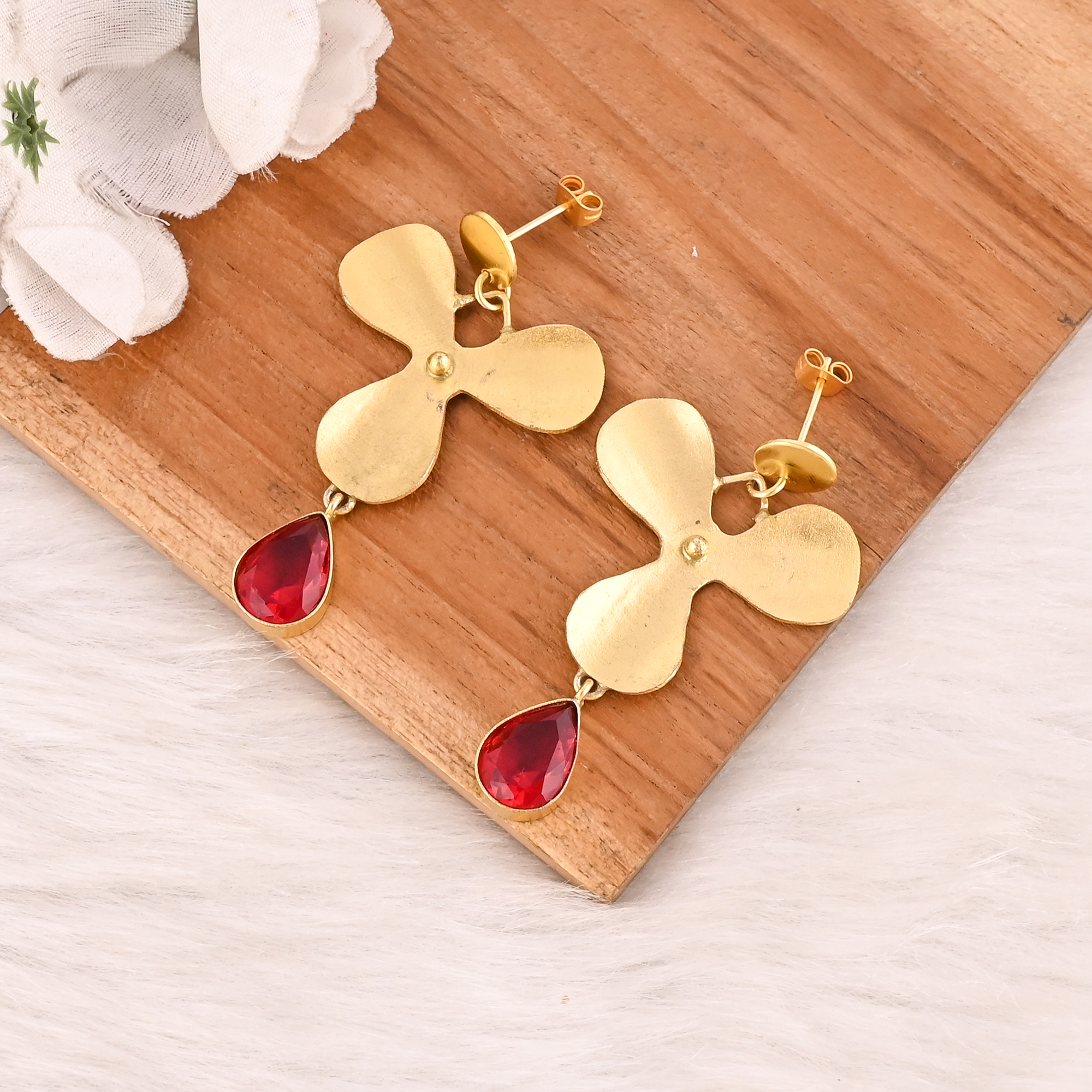 Gold Plated Flower Drop Earrings With Red Hydro Gemstone Style Fashion Jewelry for Women Wholesale Lot 10 Pairs