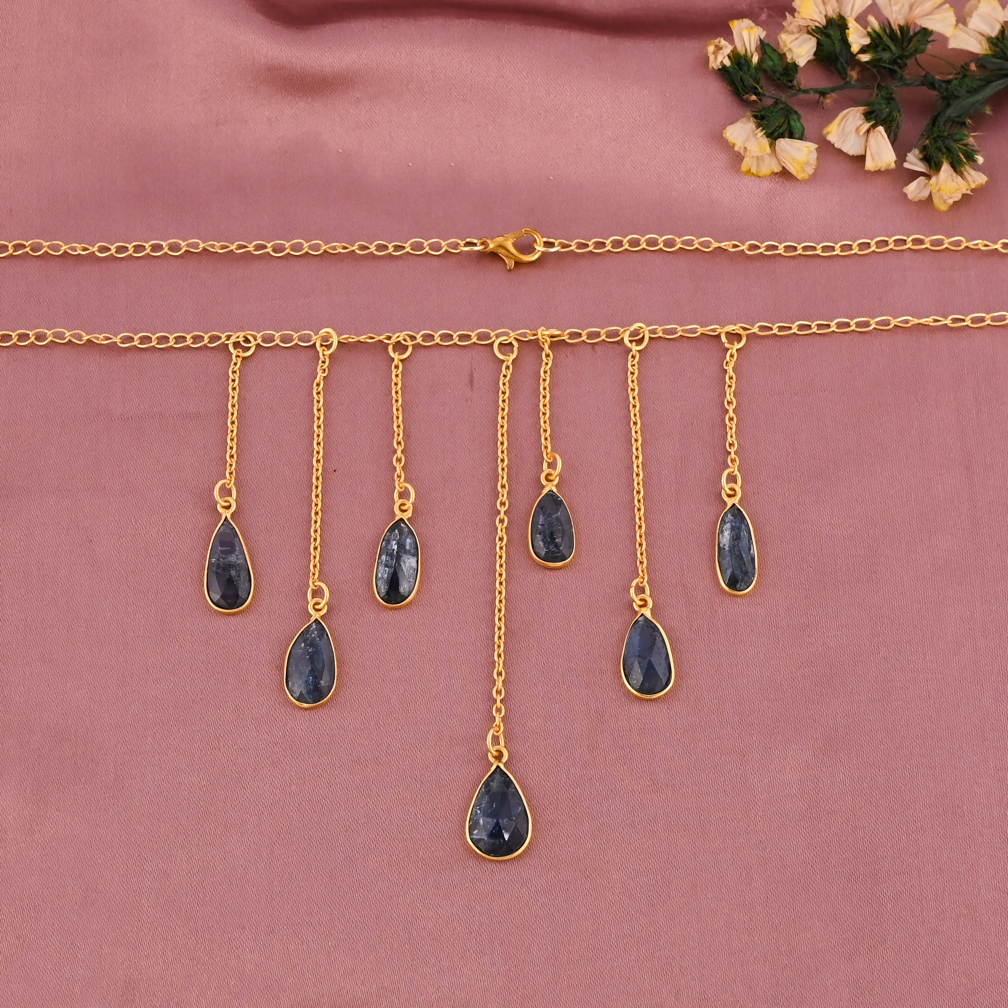 Natural Moss Kyanite Gemstone Fringe Necklace  Gold Plated Brass