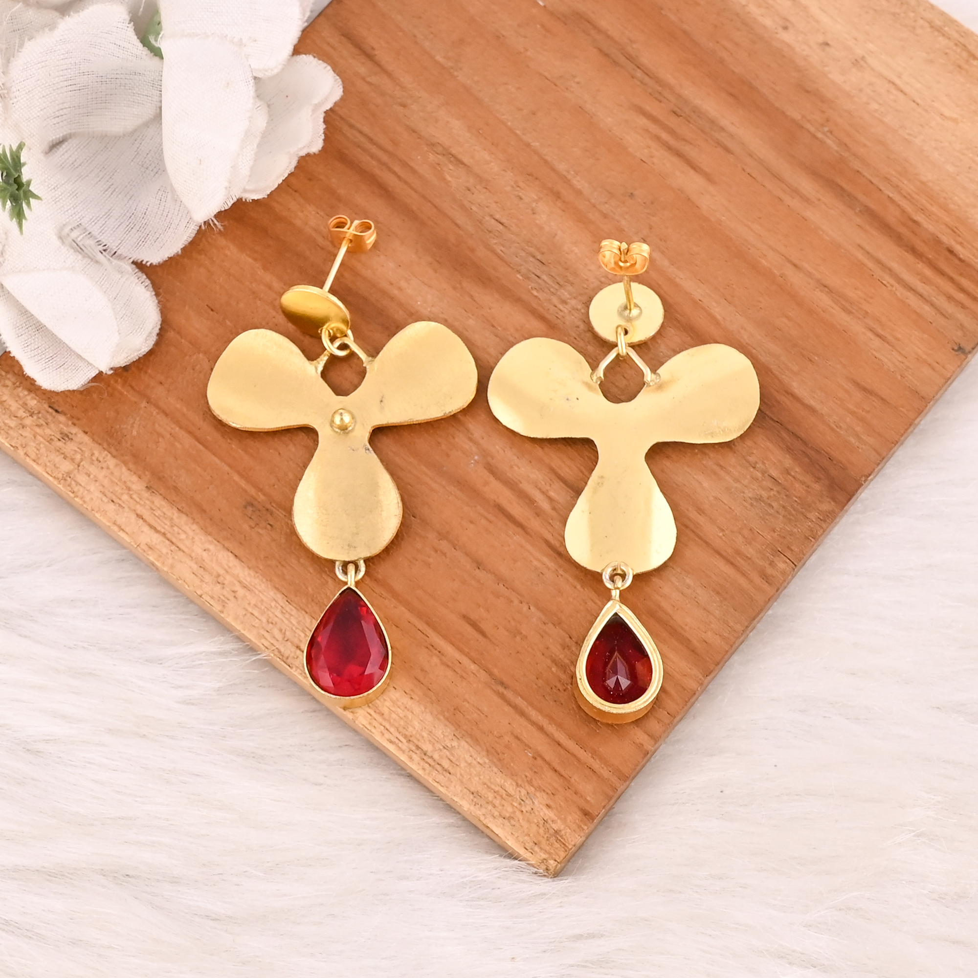 Gold Plated Flower Drop Earrings With Red Hydro Gemstone Style Fashion Jewelry for Women Wholesale Lot 10 Pairs