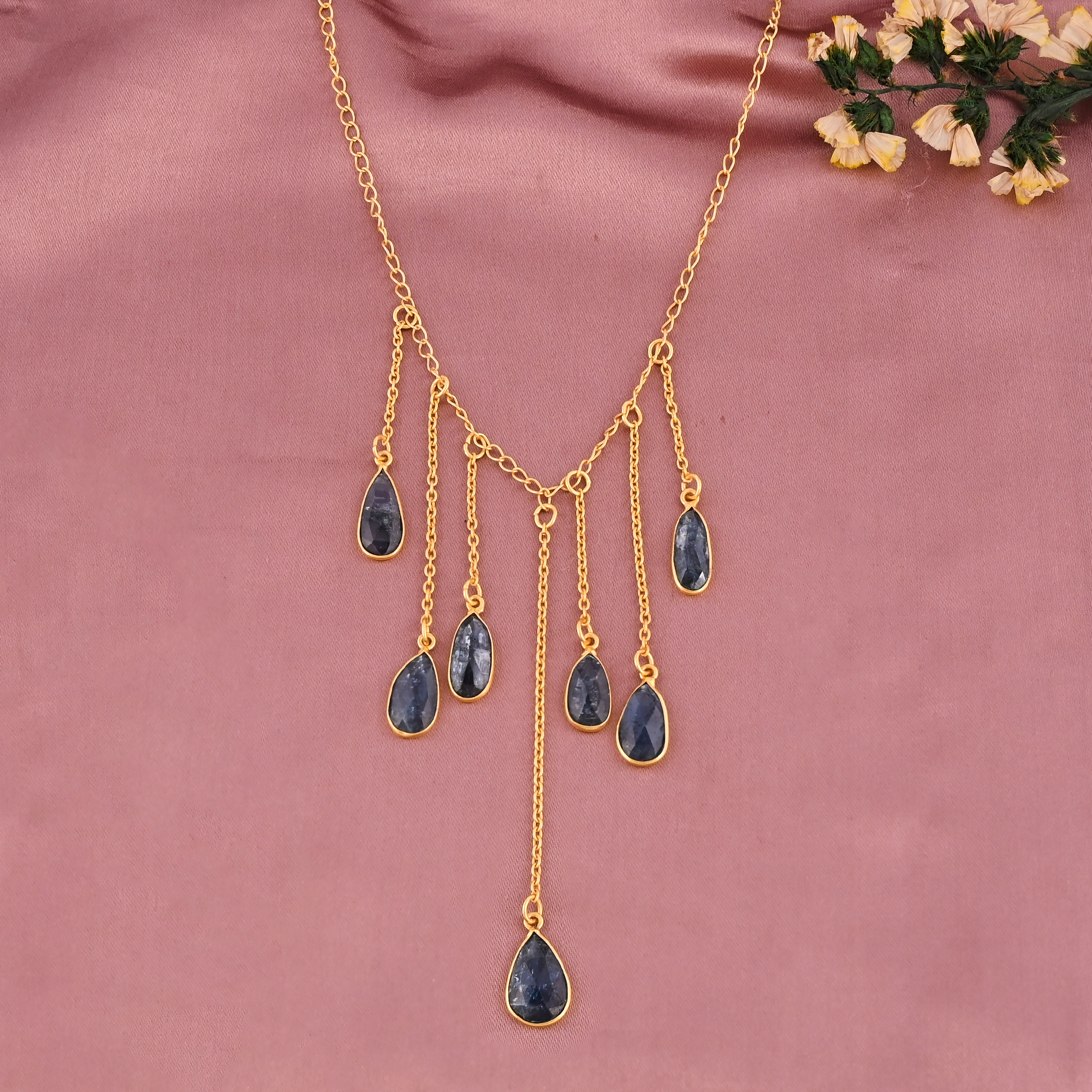 Natural Moss Kyanite Gemstone Fringe Necklace Gold Plated Brass