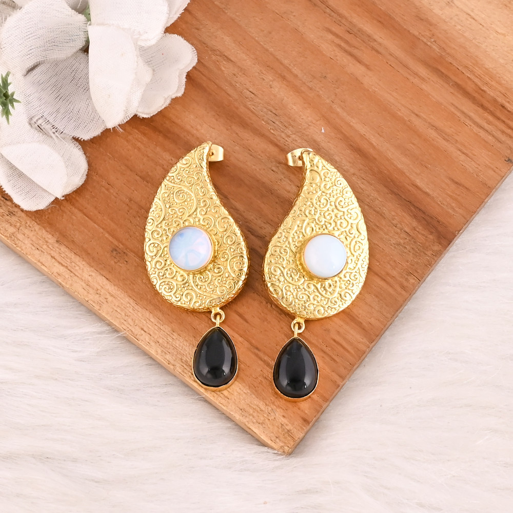 Image of Natural Opalite &amp; Black Onyx Brass Drop Earrings Designer Jewelry for Women Wholesale Lot 10 Pairs