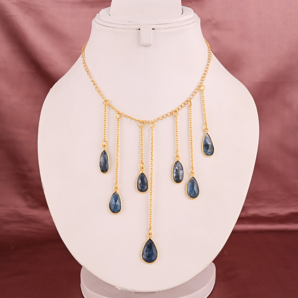Image of Natural Moss Kyanite Gemstone Fringe Necklace | Gold Plated Brass