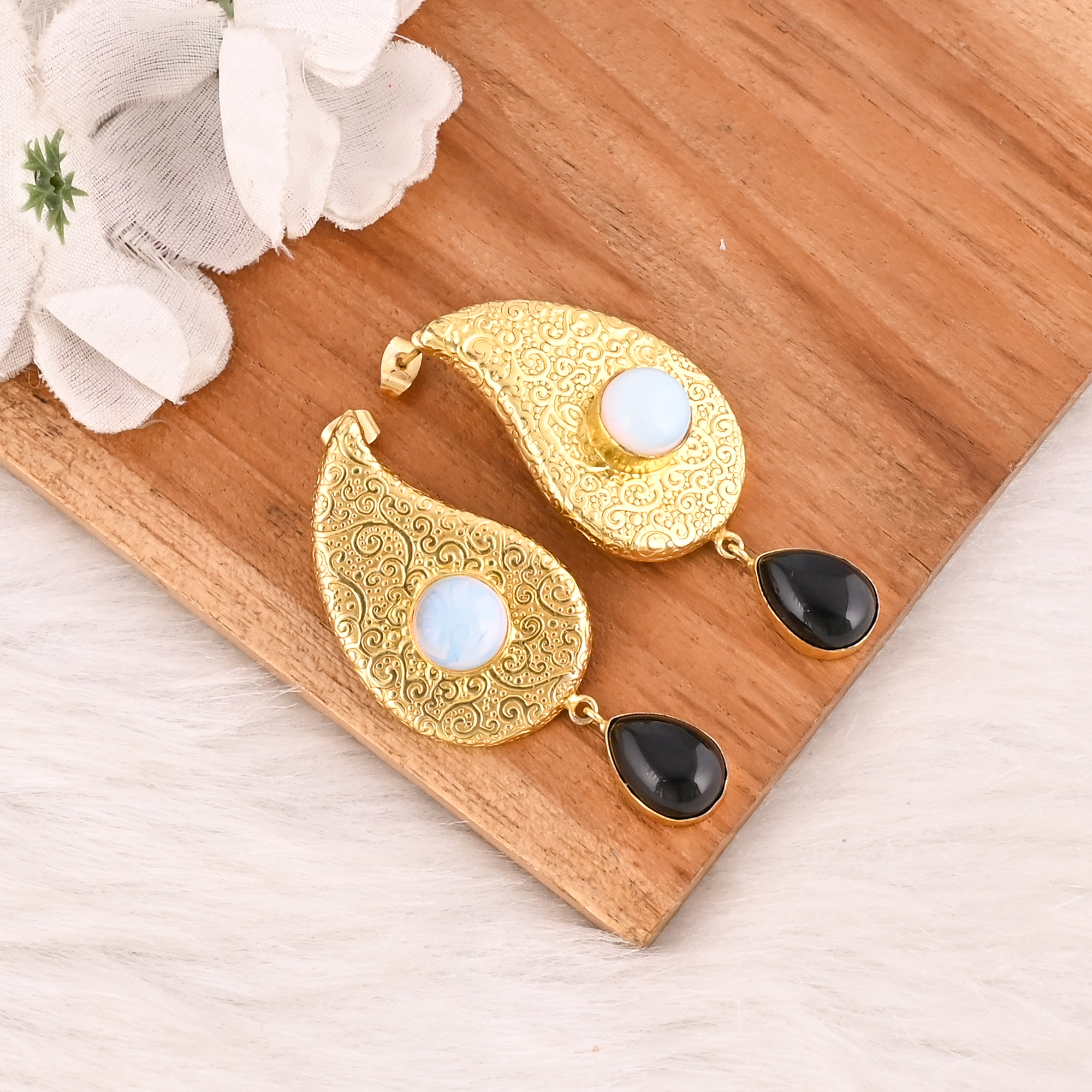 Natural Opalite  Black Onyx Brass Drop Earrings Designer Jewelry for Women Wholesale Lot 10 Pairs