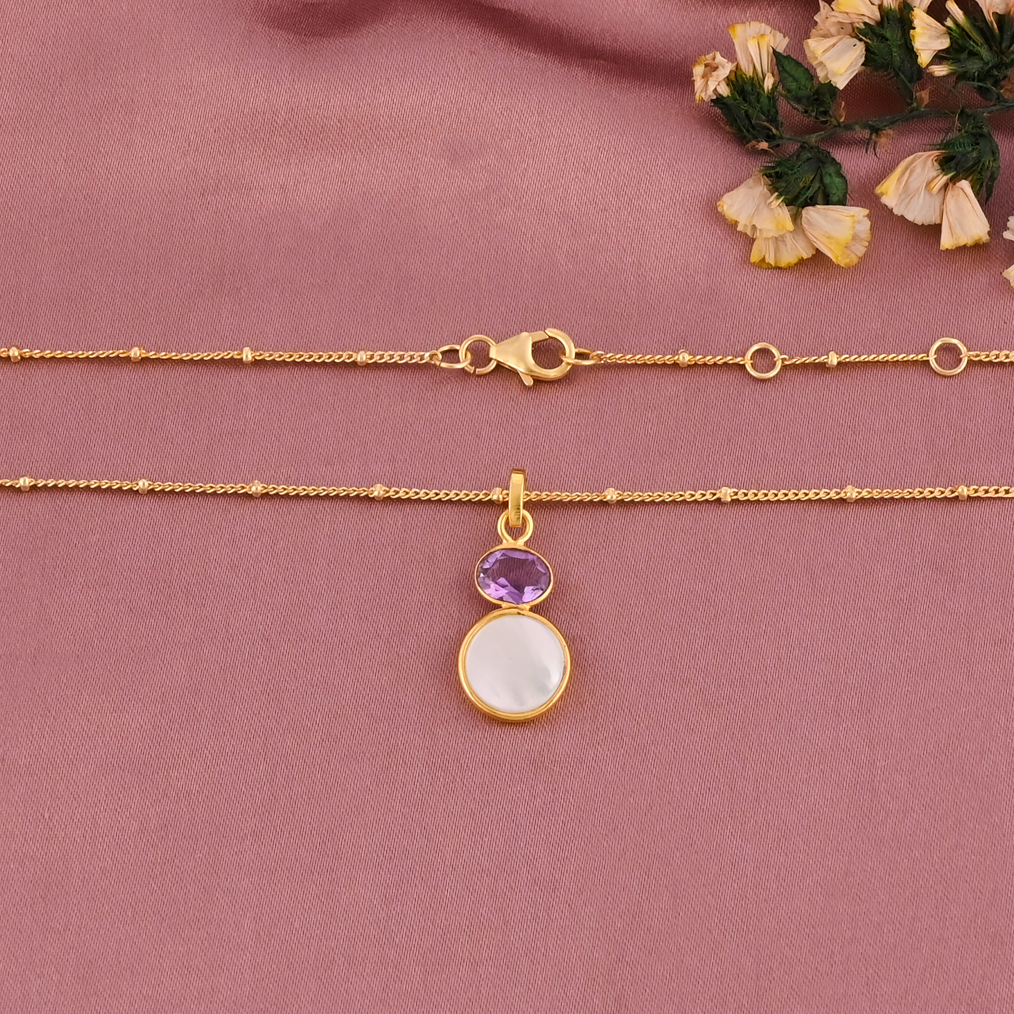 Natural Amethyst Mother of Pearl Two Stone 925 Sterling Silver Pendant Necklace for Women