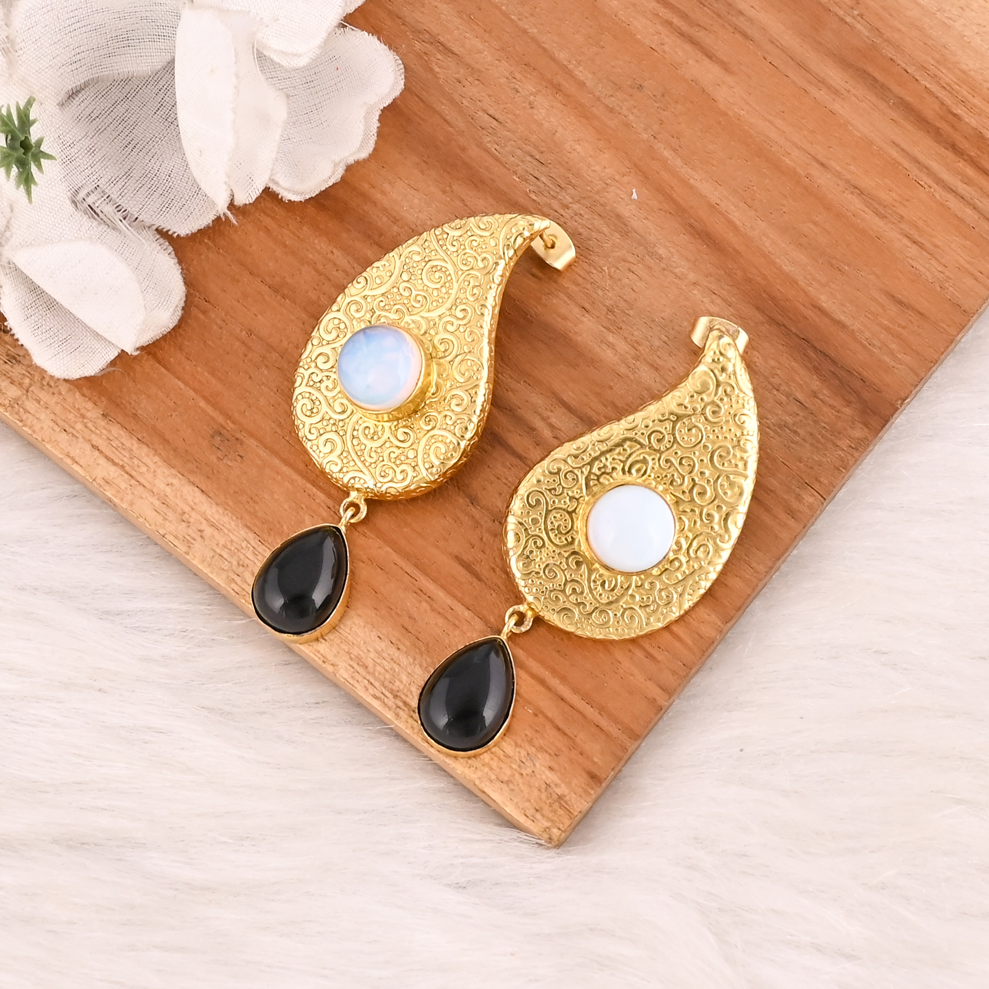 Natural Opalite  Black Onyx Brass Drop Earrings Designer Jewelry for Women Wholesale Lot 10 Pairs