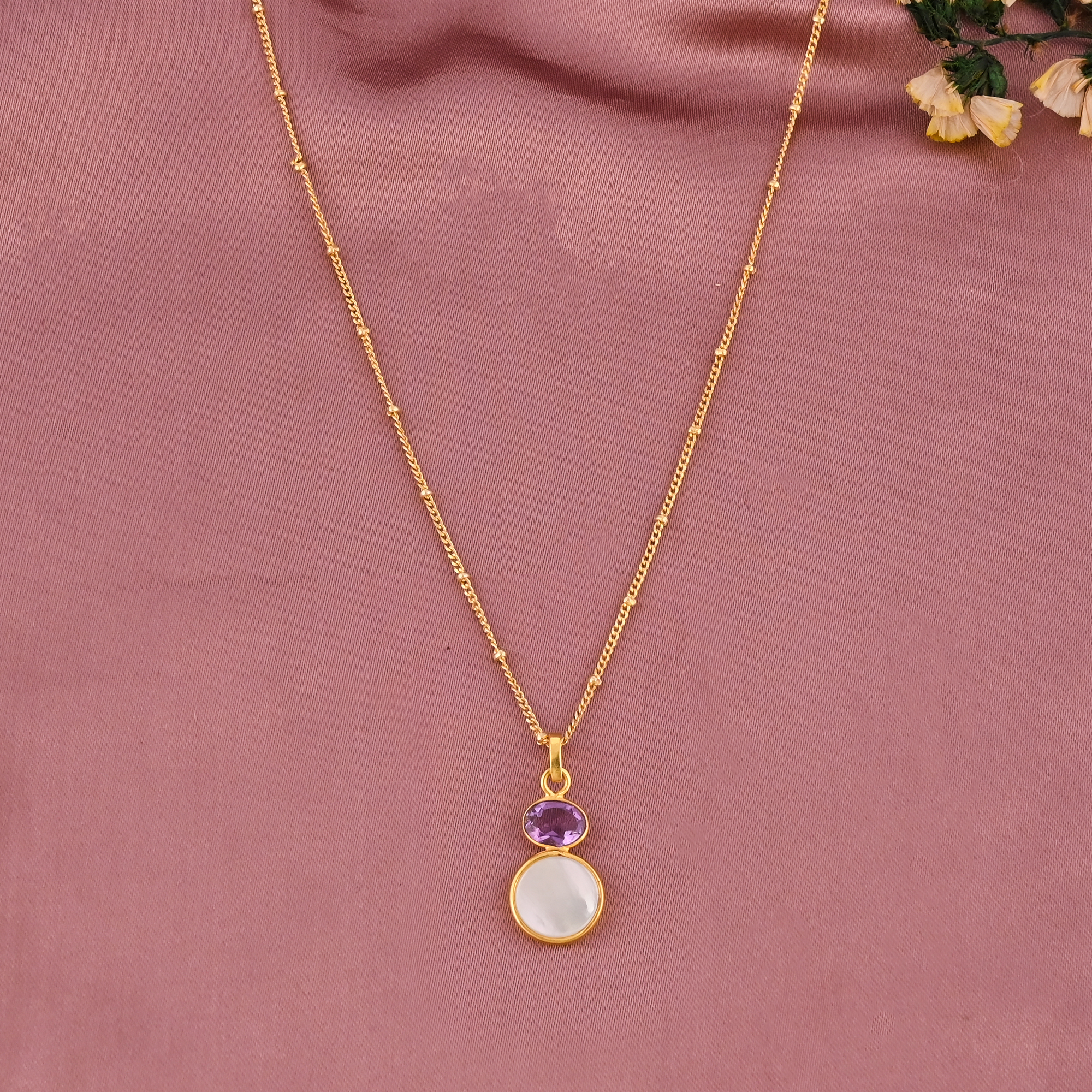 Natural Amethyst Mother of Pearl Two Stone 925 Sterling Silver Pendant Necklace for Women