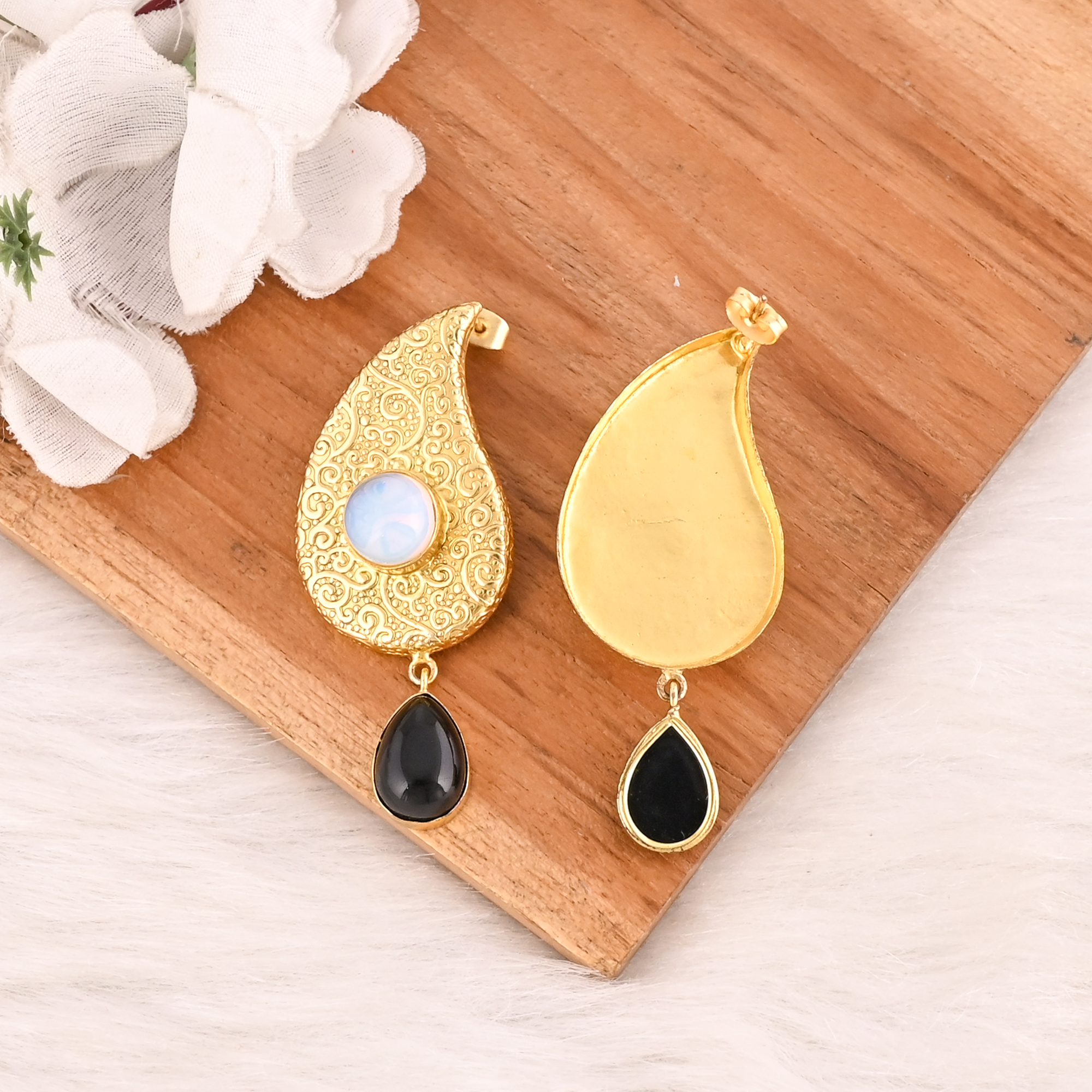 Natural Opalite  Black Onyx Brass Drop Earrings Designer Jewelry for Women Wholesale Lot 10 Pairs