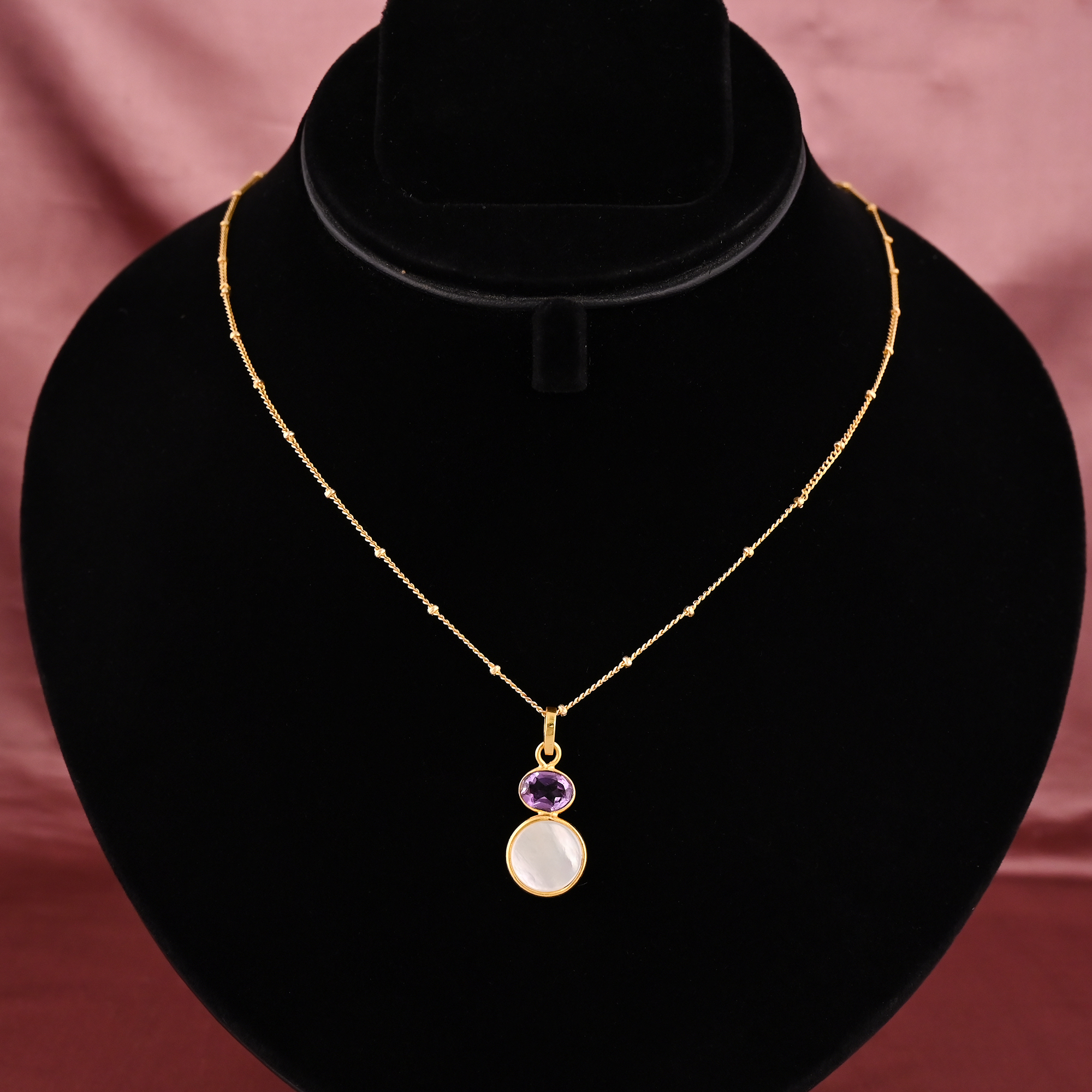 Natural Amethyst  Mother of Pearl Two Stone 925 Sterling Silver Pendant Necklace for Women
