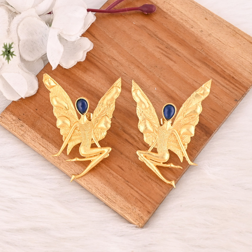 Image of Blue Hydro Gemstone Fairy Brass Earrings Gold Plated Handmade Designer Jewelry for Women Wholesale Lot 10 Pairs