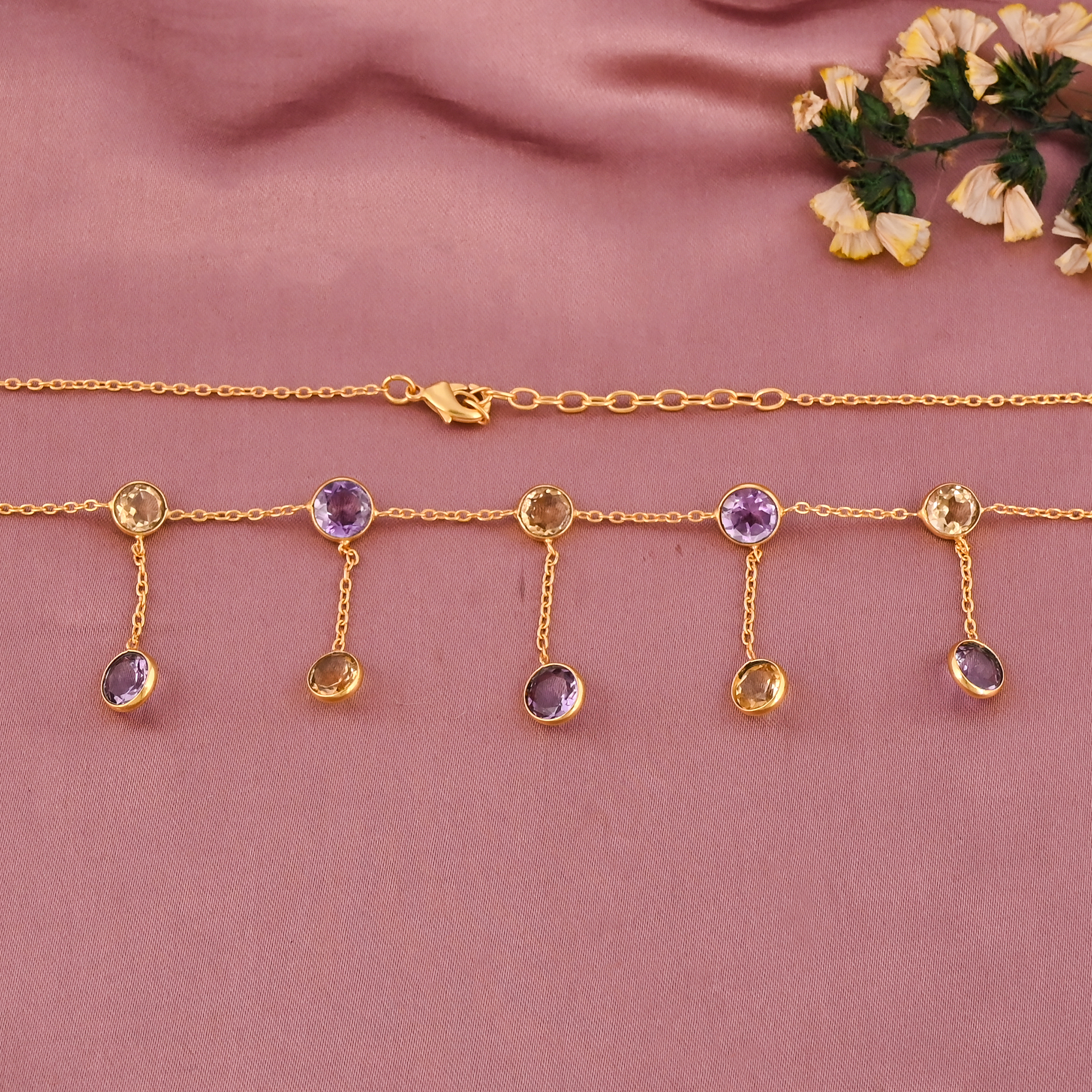 Natural Amethyst Citrine Gemstone Fringe Necklace Gold Plated Brass