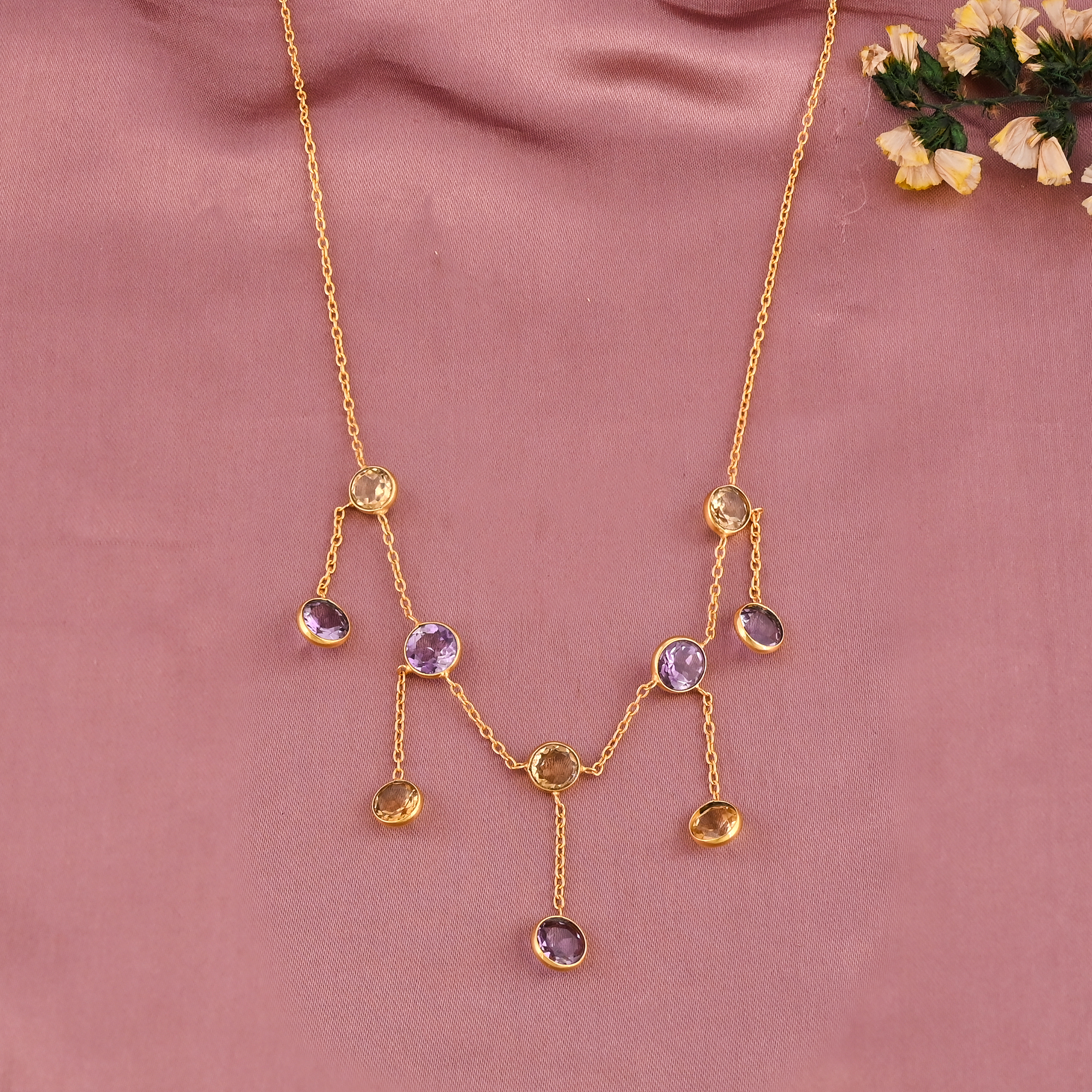 Natural Amethyst  Citrine Gemstone Fringe Necklace  Gold Plated Brass