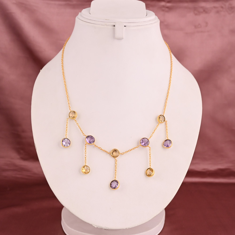 Image of Natural Amethyst &amp; Citrine Gemstone Fringe Necklace | Gold Plated Brass