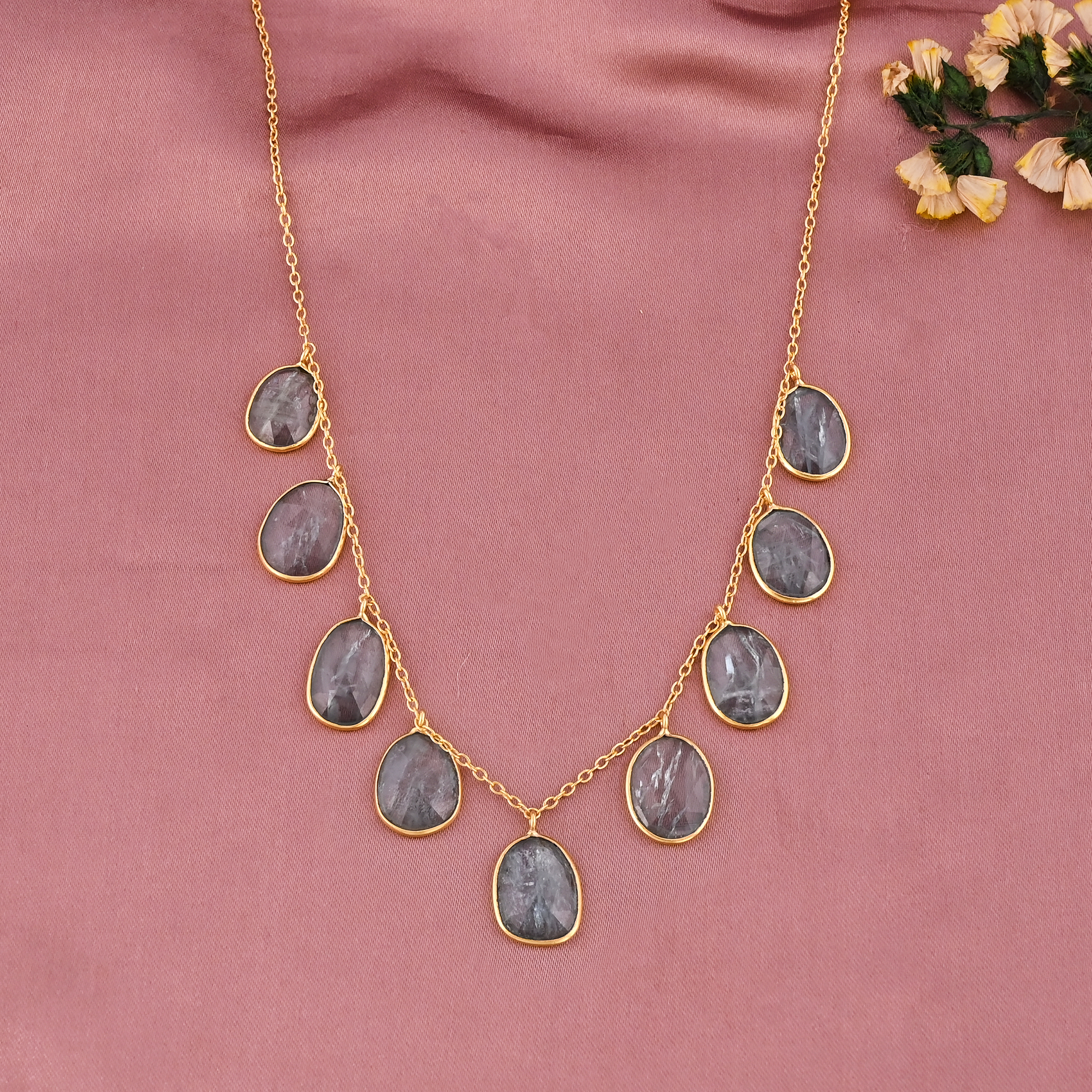 Natural Aqua Kyanite Fringe Gemstone Charm Necklace with Link Chain Gold Plated Brass