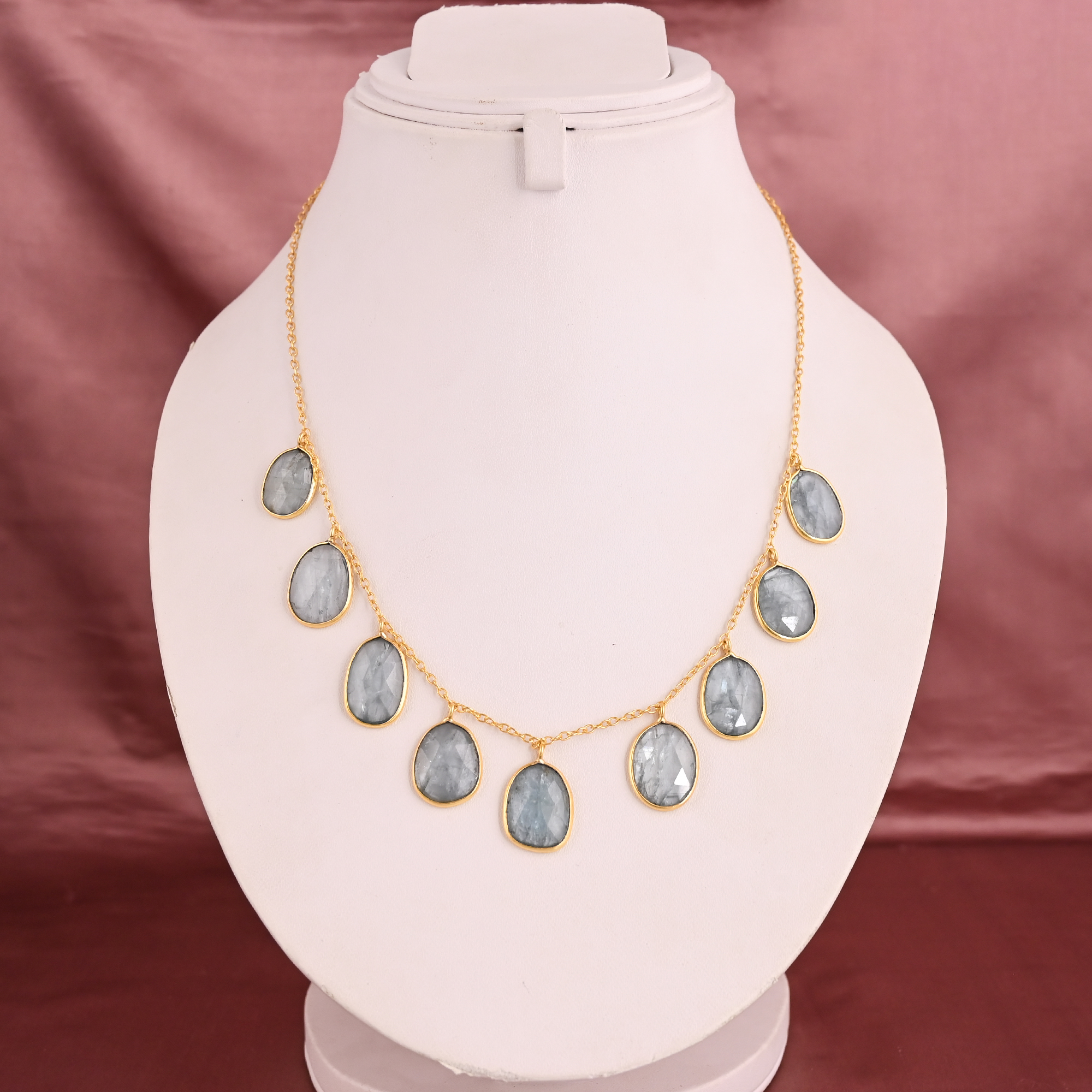 Natural Aqua Kyanite Fringe Gemstone Charm Necklace with Link Chain  Gold Plated Brass